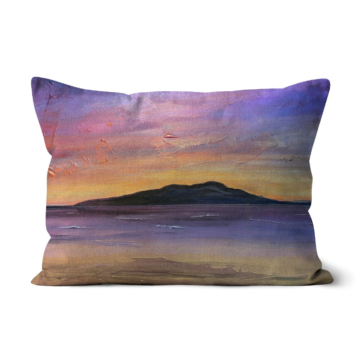 Rectangular Arran Amethyst cushion featuring a painted sunset over water with island silhouette in purple pink and gold tones