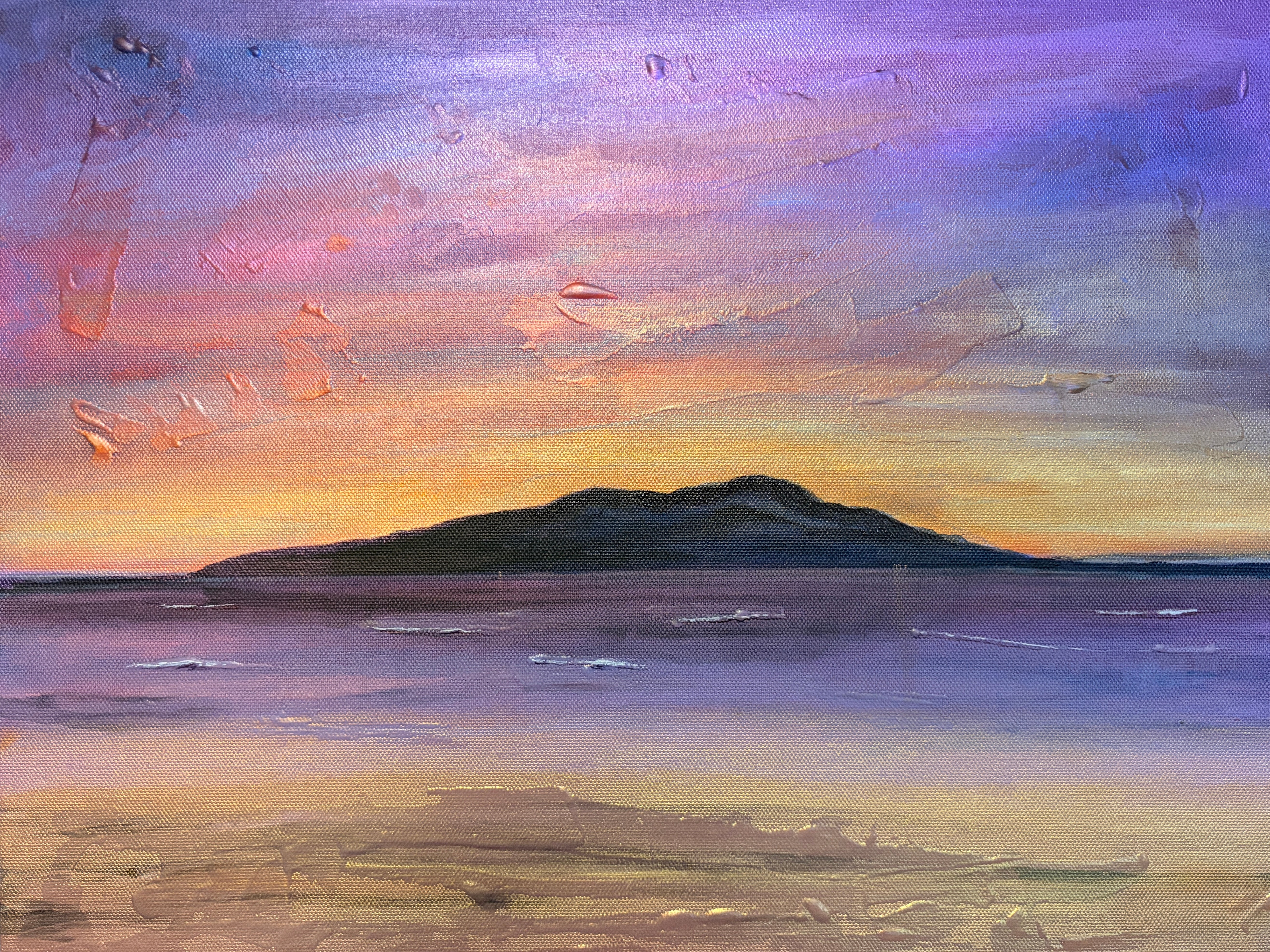 A textured canvas painting of a silhouetted island at sunset with vibrant purple and orange skies titled arran amethyst