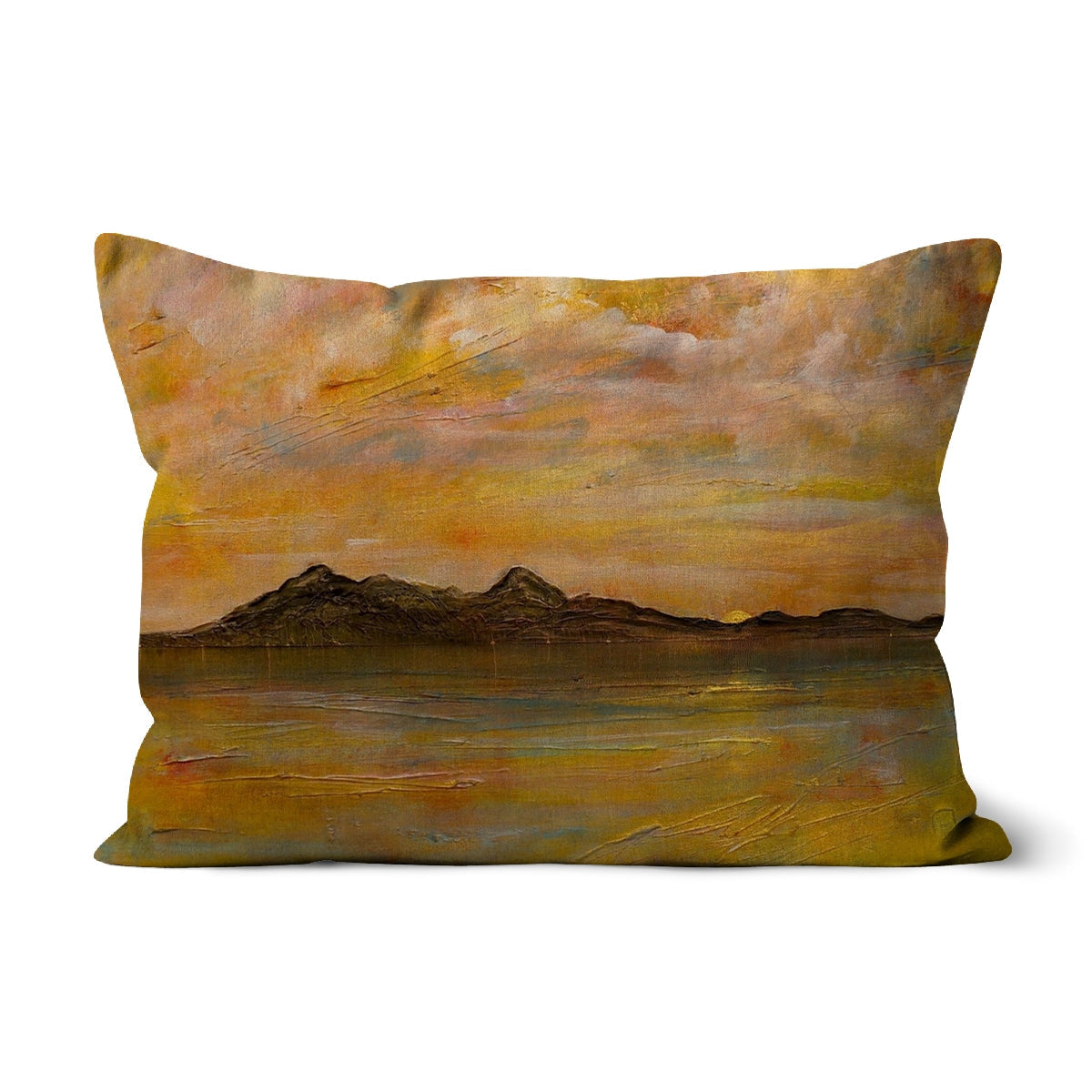 Arran Dusk Cushion: yellow orange abstract mountain landscape pillow