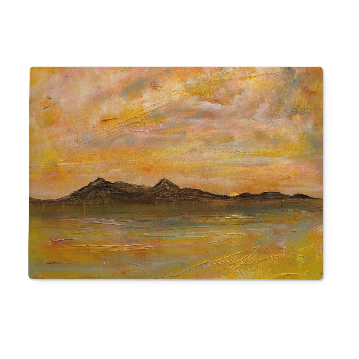 Yellow orange abstract mountain landscape on Arran Dusk glass chopping board