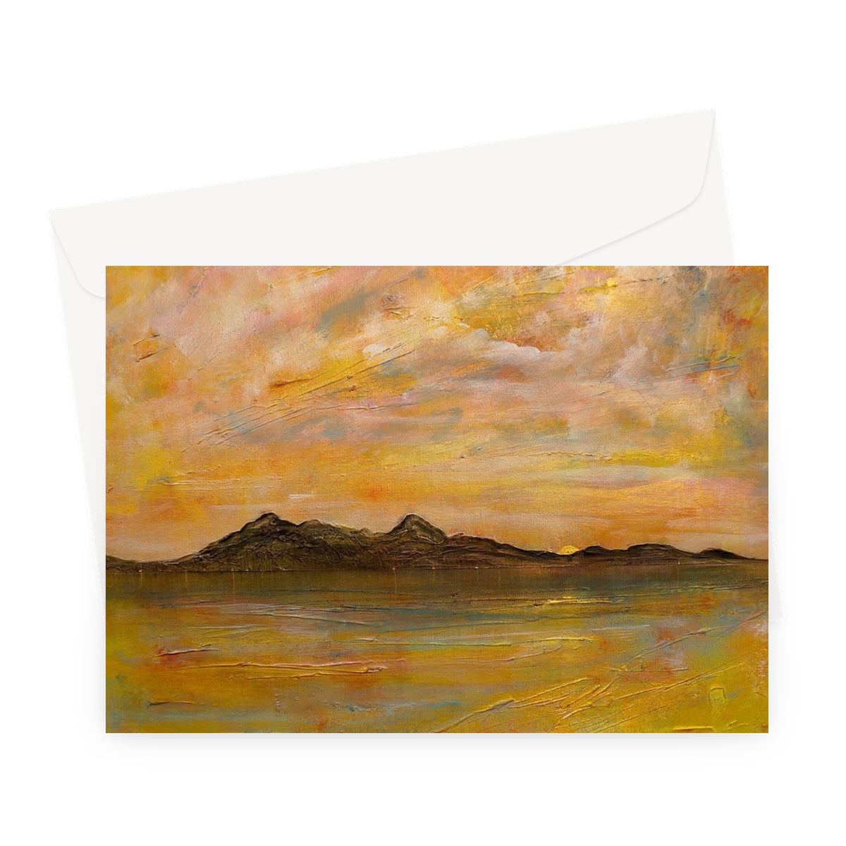 Arran Dusk greeting card with yellow orange abstract landscape and envelope