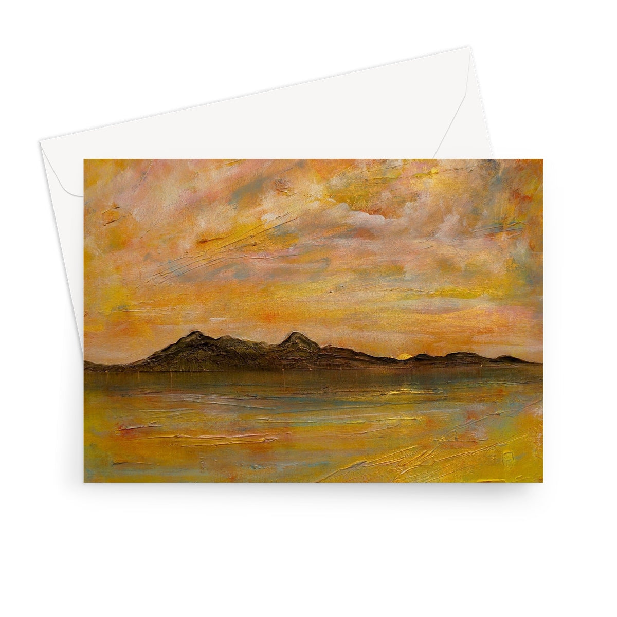 Arran Dusk greeting card: yellow orange abstract landscape with envelope