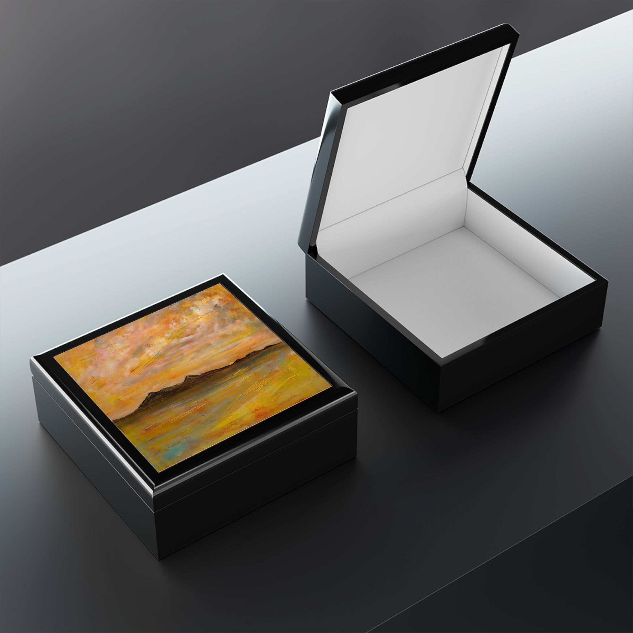 Arran Dusk jewellery box: black leather with colorful abstract lid painting