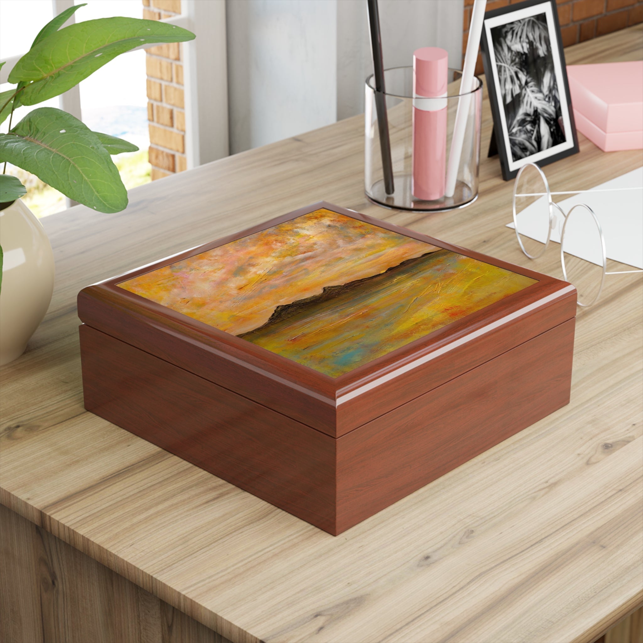 Arran Dusk jewellery box with wooden abstract brown yellow design