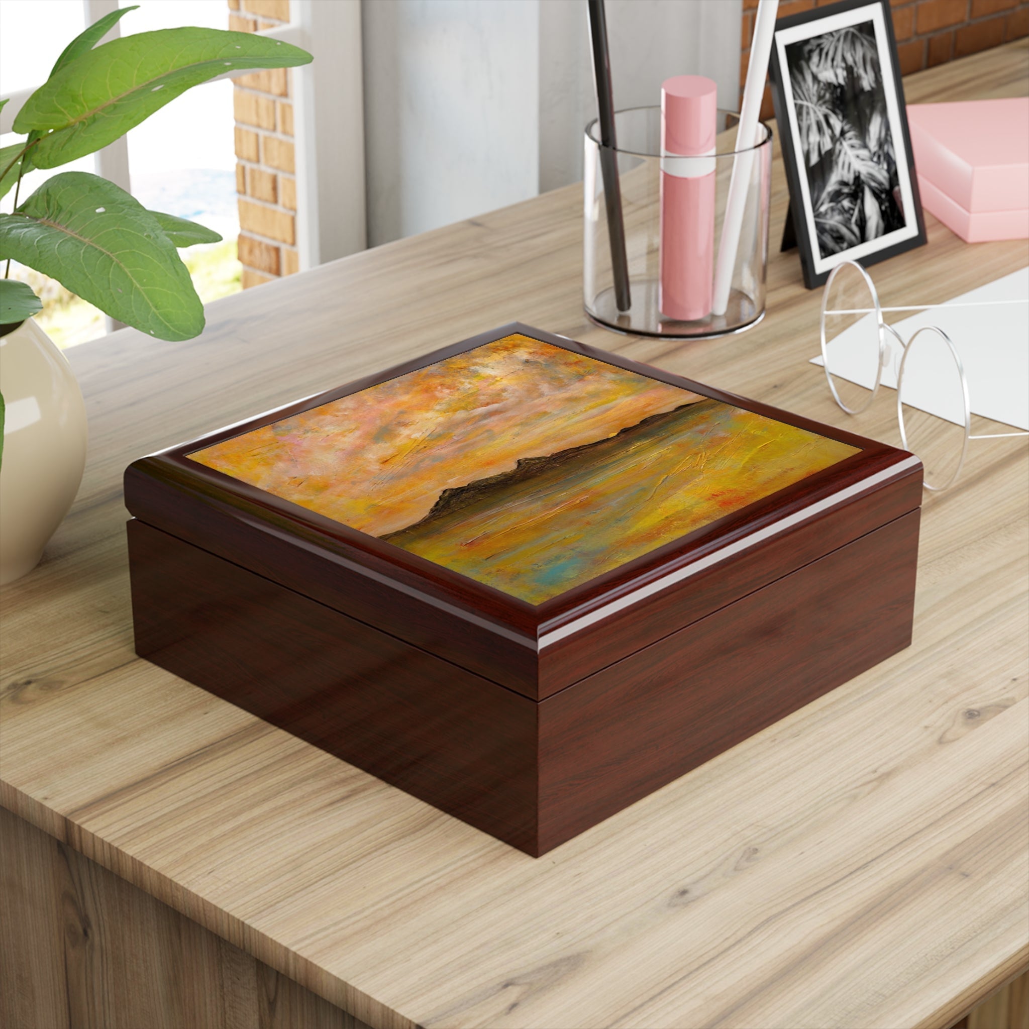 Arran Dusk wooden jewellery box with abstract brown yellow painting