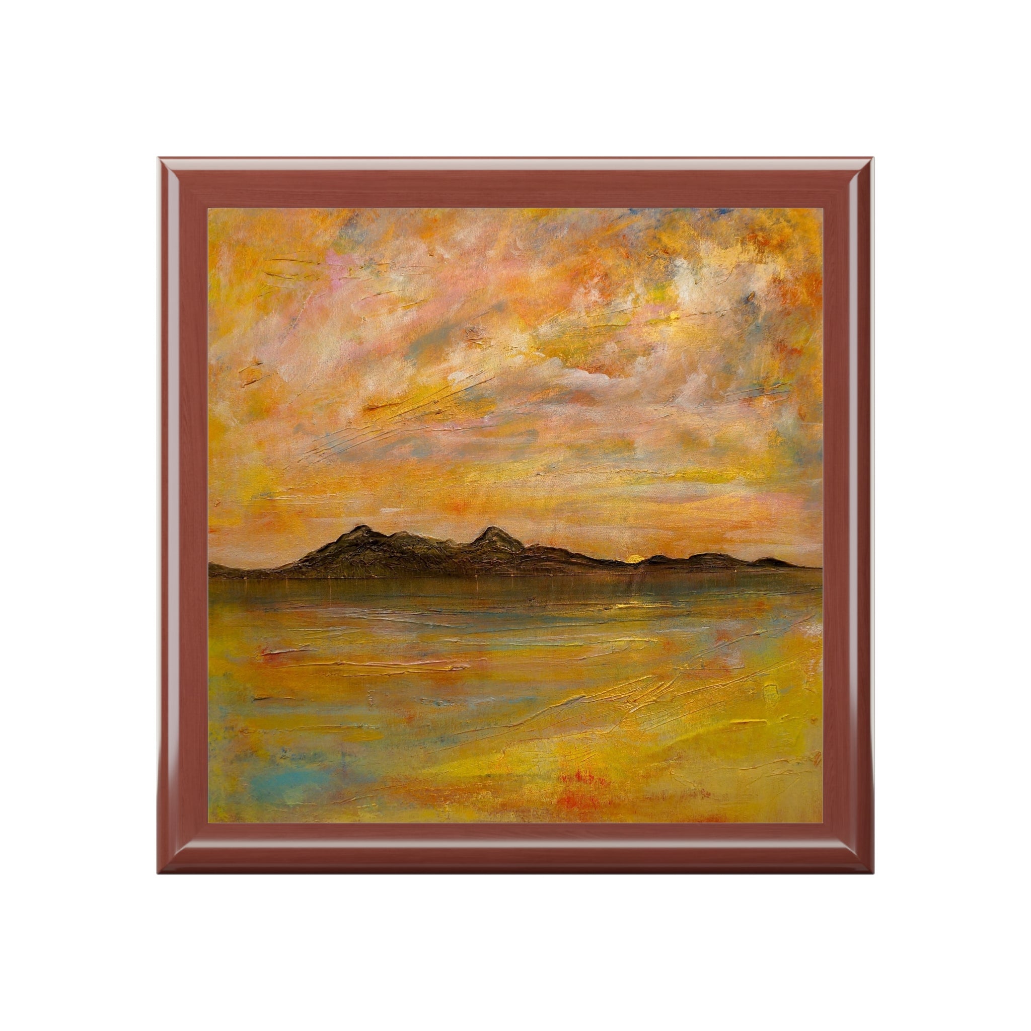 Brown framed abstract Arran Dusk landscape tile coaster in Scotland jewellery box