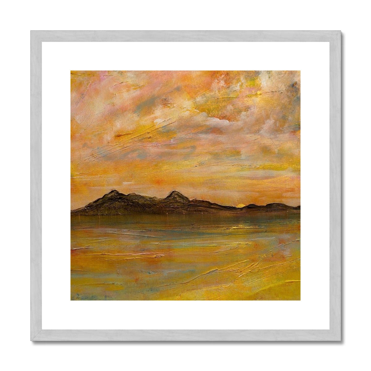 Arran Dusk Painting | Antique Framed & Mounted Prints From Scotland-Antique Framed & Mounted Prints-Arran Art Gallery-20"x20"-Silver Frame-Paintings, Prints, Homeware, Art Gifts From Scotland By Scottish Artist Kevin Hunter