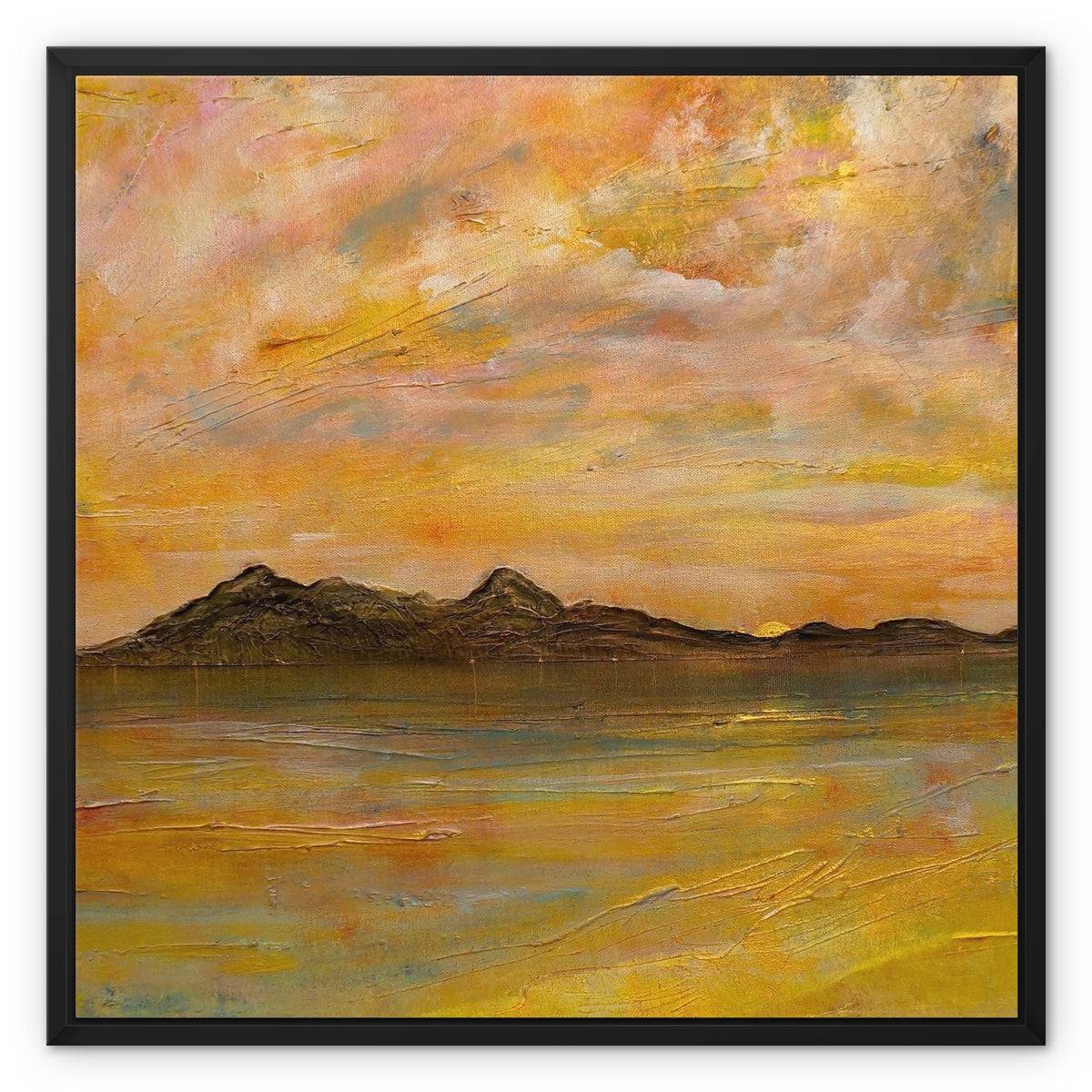 Arran Dusk Painting | Framed Canvas From Scotland-Floating Framed Canvas Prints-Arran Art Gallery-24"x24"-Black Frame-Paintings, Prints, Homeware, Art Gifts From Scotland By Scottish Artist Kevin Hunter
