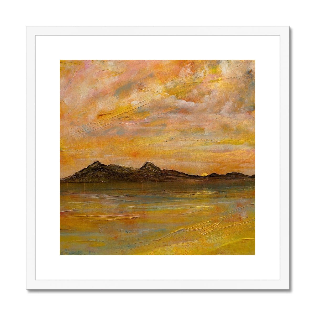 Arran Dusk Painting | Framed & Mounted Prints From Scotland-Framed & Mounted Prints-Arran Art Gallery-20"x20"-White Frame-Paintings, Prints, Homeware, Art Gifts From Scotland By Scottish Artist Kevin Hunter