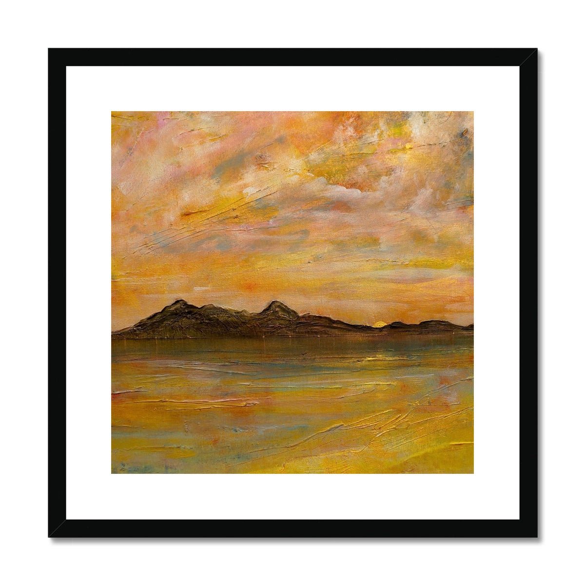 Arran Dusk Painting | Framed & Mounted Prints From Scotland-Framed & Mounted Prints-Arran Art Gallery-20"x20"-Black Frame-Paintings, Prints, Homeware, Art Gifts From Scotland By Scottish Artist Kevin Hunter