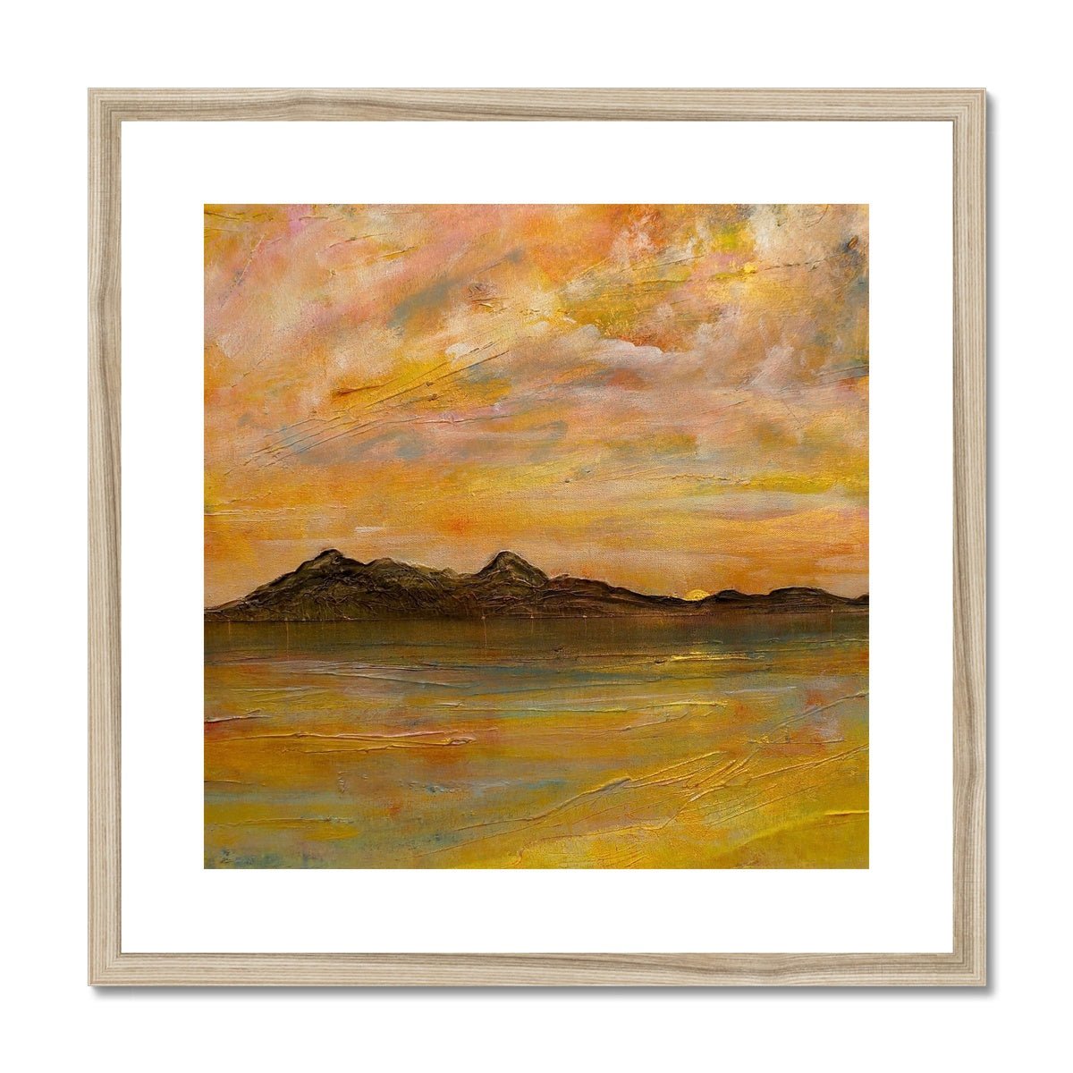 Arran Dusk Painting | Framed & Mounted Prints From Scotland-Framed & Mounted Prints-Arran Art Gallery-20"x20"-Natural Frame-Paintings, Prints, Homeware, Art Gifts From Scotland By Scottish Artist Kevin Hunter