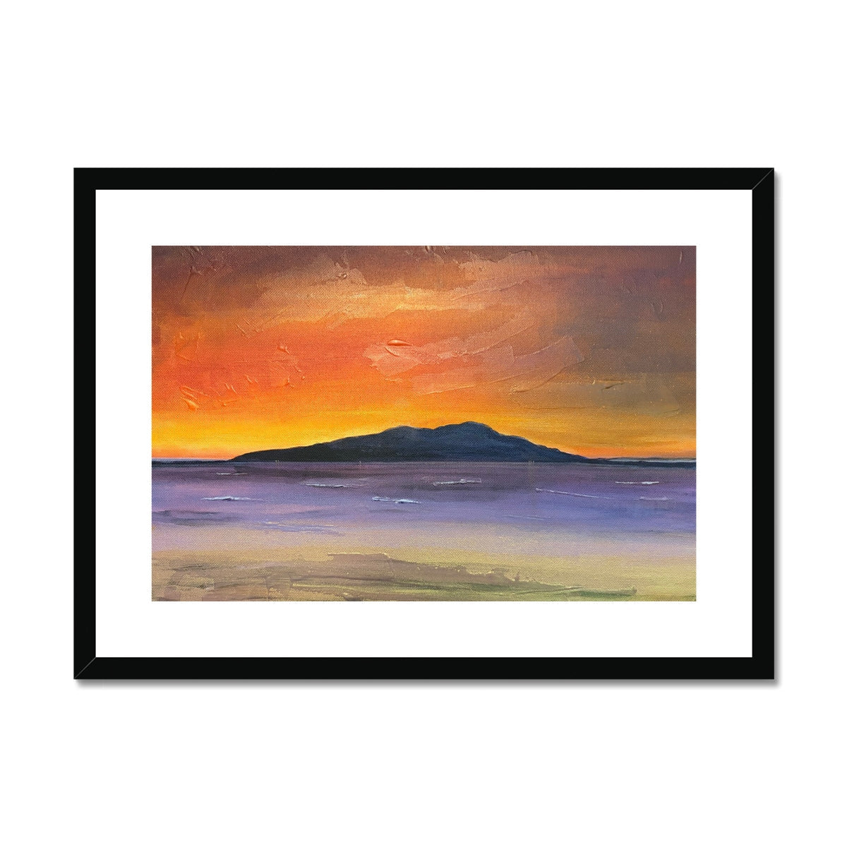 Framed Arran Embers art print of an abstract landscape with a vibrant sunset in orange yellow and purple hues