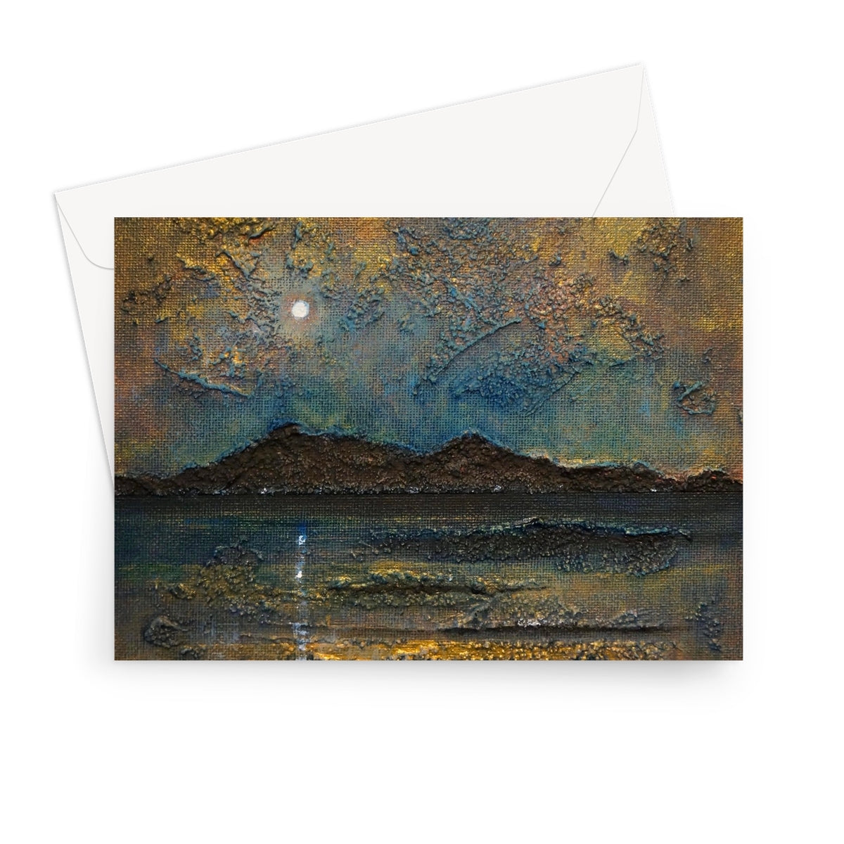 Arran Moonlight Art Gifts Greeting Card-Greetings Cards-Arran Art Gallery-7"x5"-1 Card-Paintings, Prints, Homeware, Art Gifts From Scotland By Scottish Artist Kevin Hunter