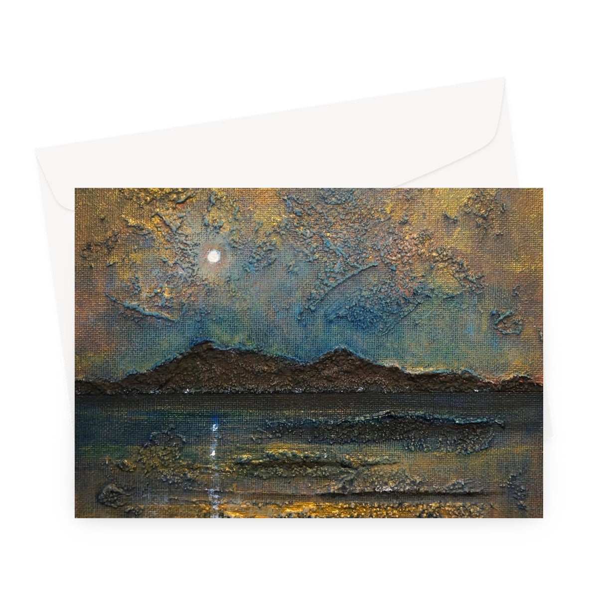 Arran Moonlight Art Gifts Greeting Card-Greetings Cards-Arran Art Gallery-A5 Landscape-10 Cards-Paintings, Prints, Homeware, Art Gifts From Scotland By Scottish Artist Kevin Hunter
