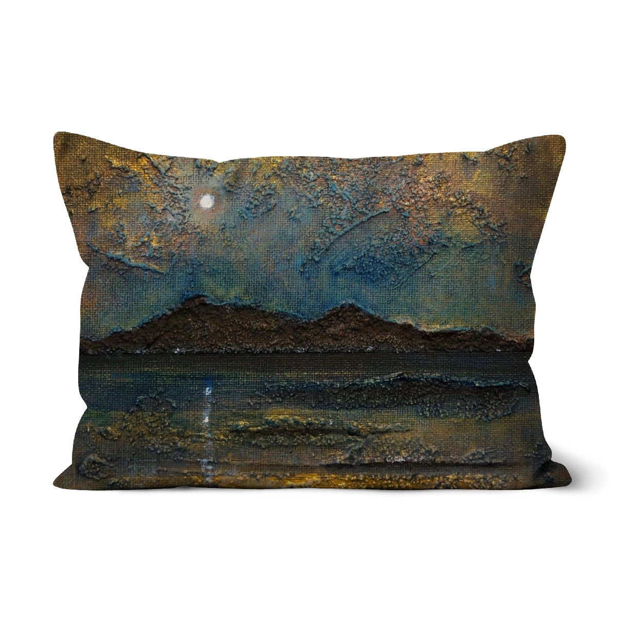 Arran Moonlight Cushion: 20x30 inch pillow with night sky, moon, dark blue, gold accents