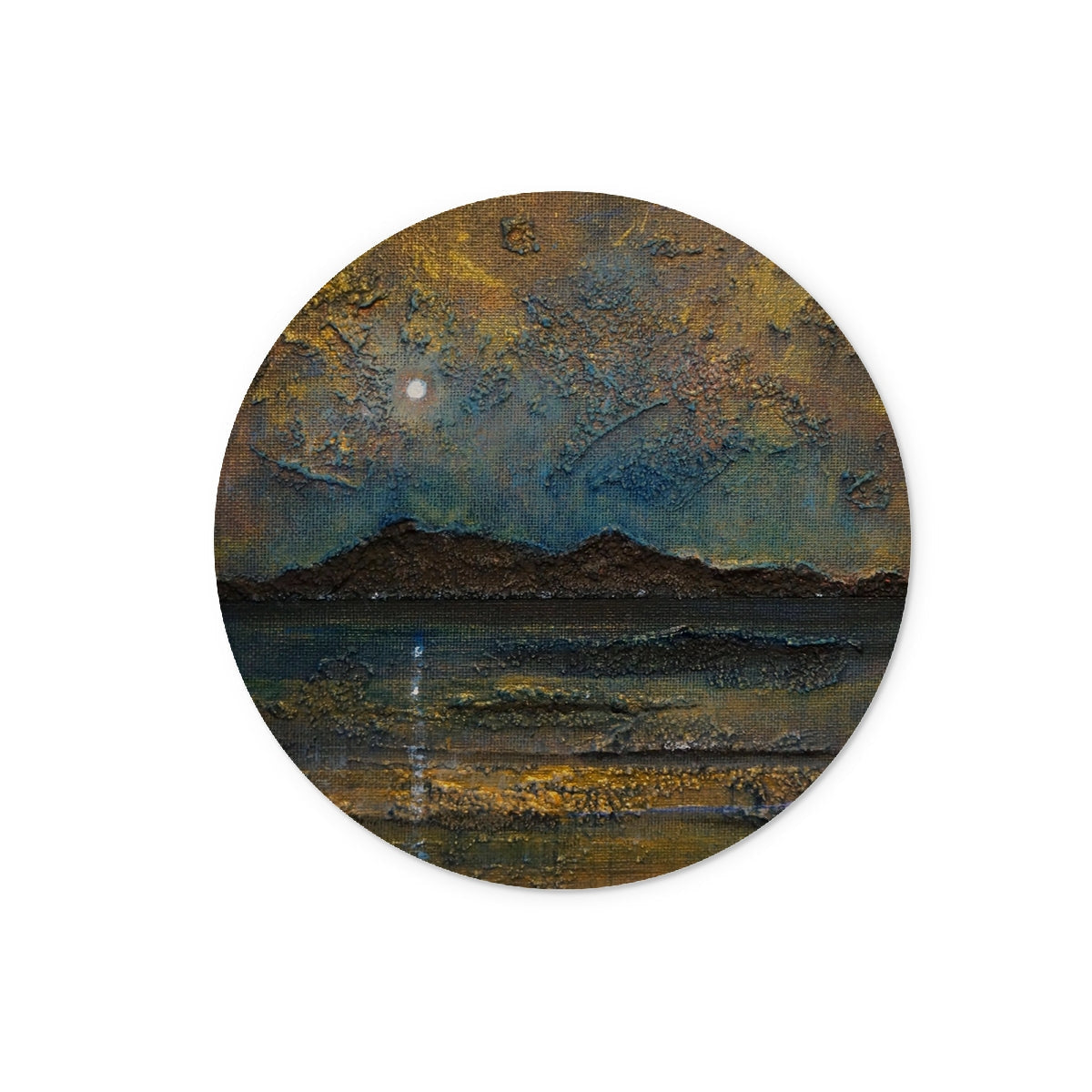 Gold and black textured mountain coaster on Arran Moonlight Glass Chopping Board
