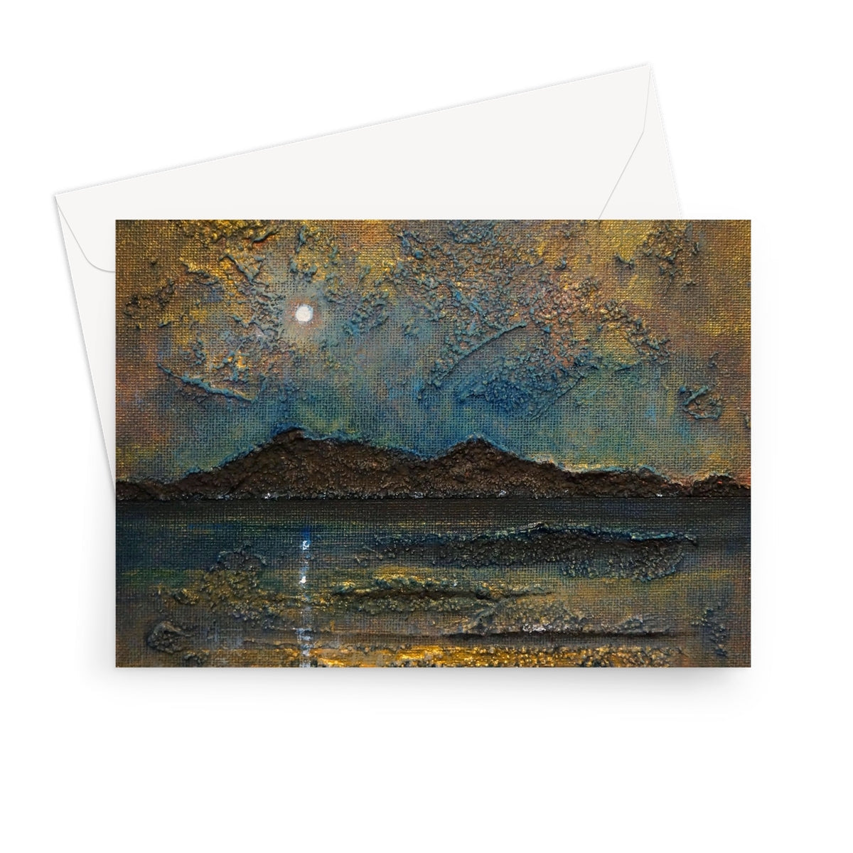 Arran Moonlight greeting card: moonlit beach in golden blue hues on textured canvas