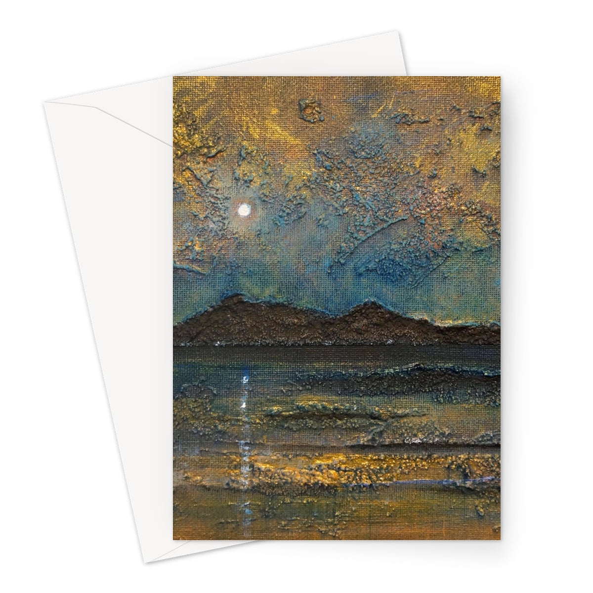 Arran Moonlight gold and blue abstract night landscape greeting card
