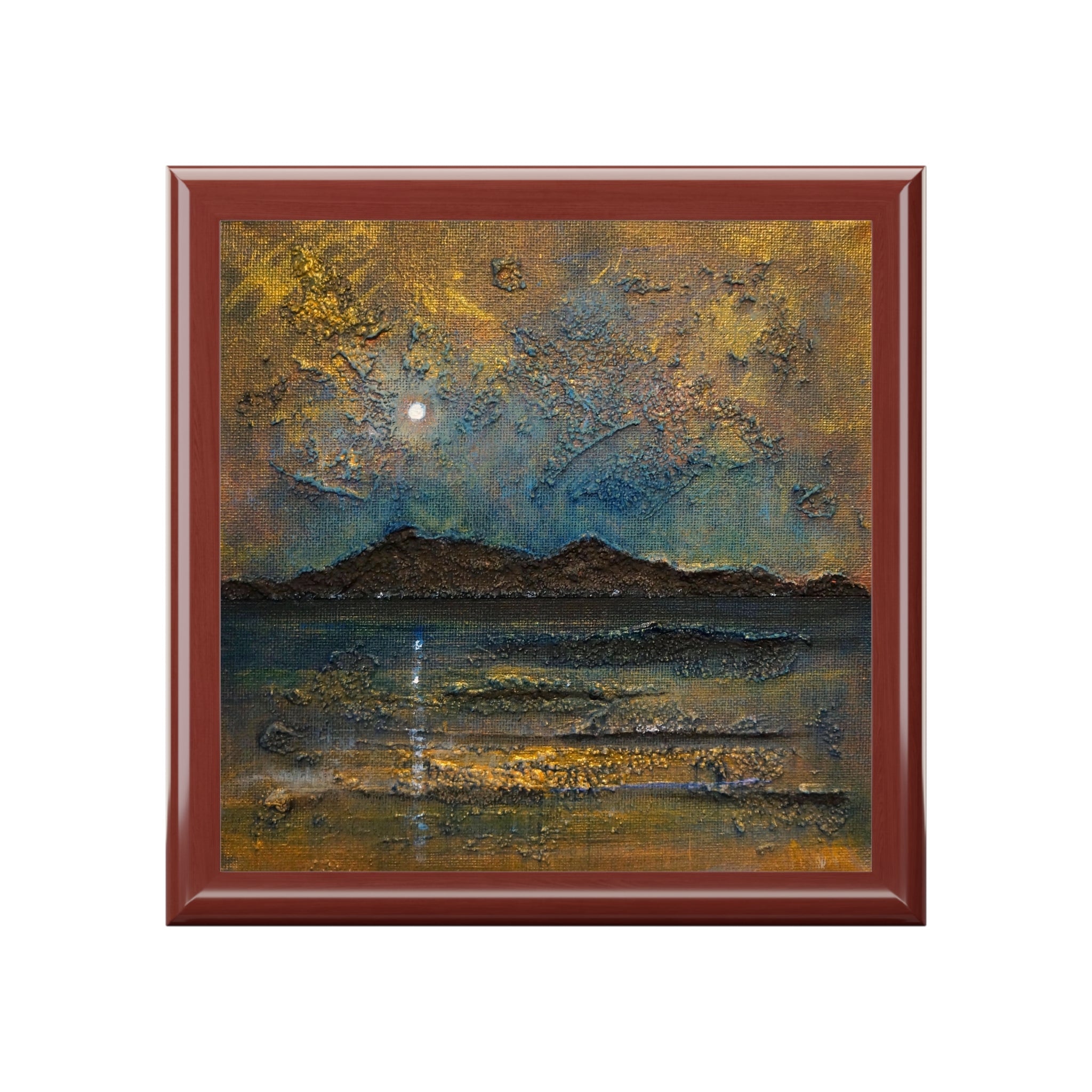 Red framed abstract painting with golden hues in Arran Moonlight Jewellery Box