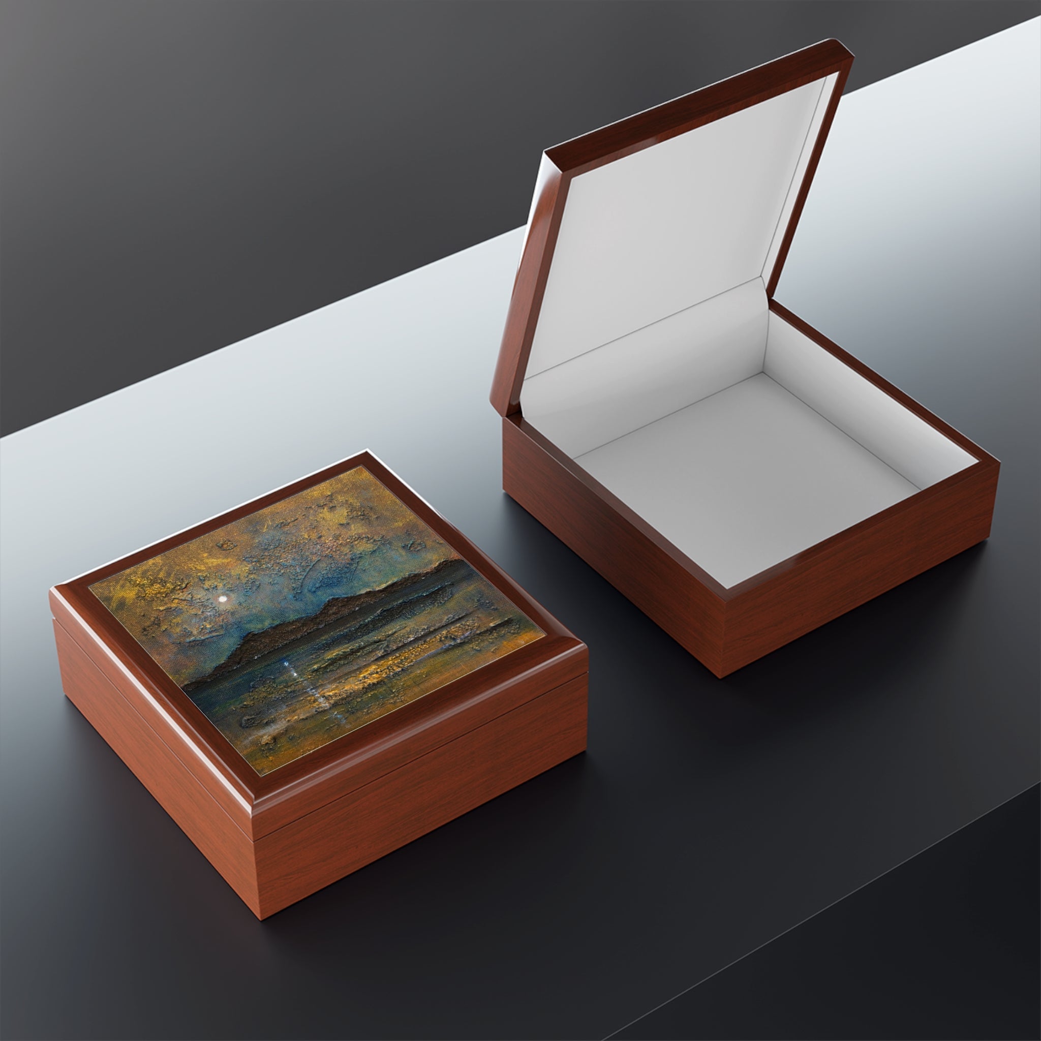 Arran Moonlight brown leather jewellery box with painted landscape lid