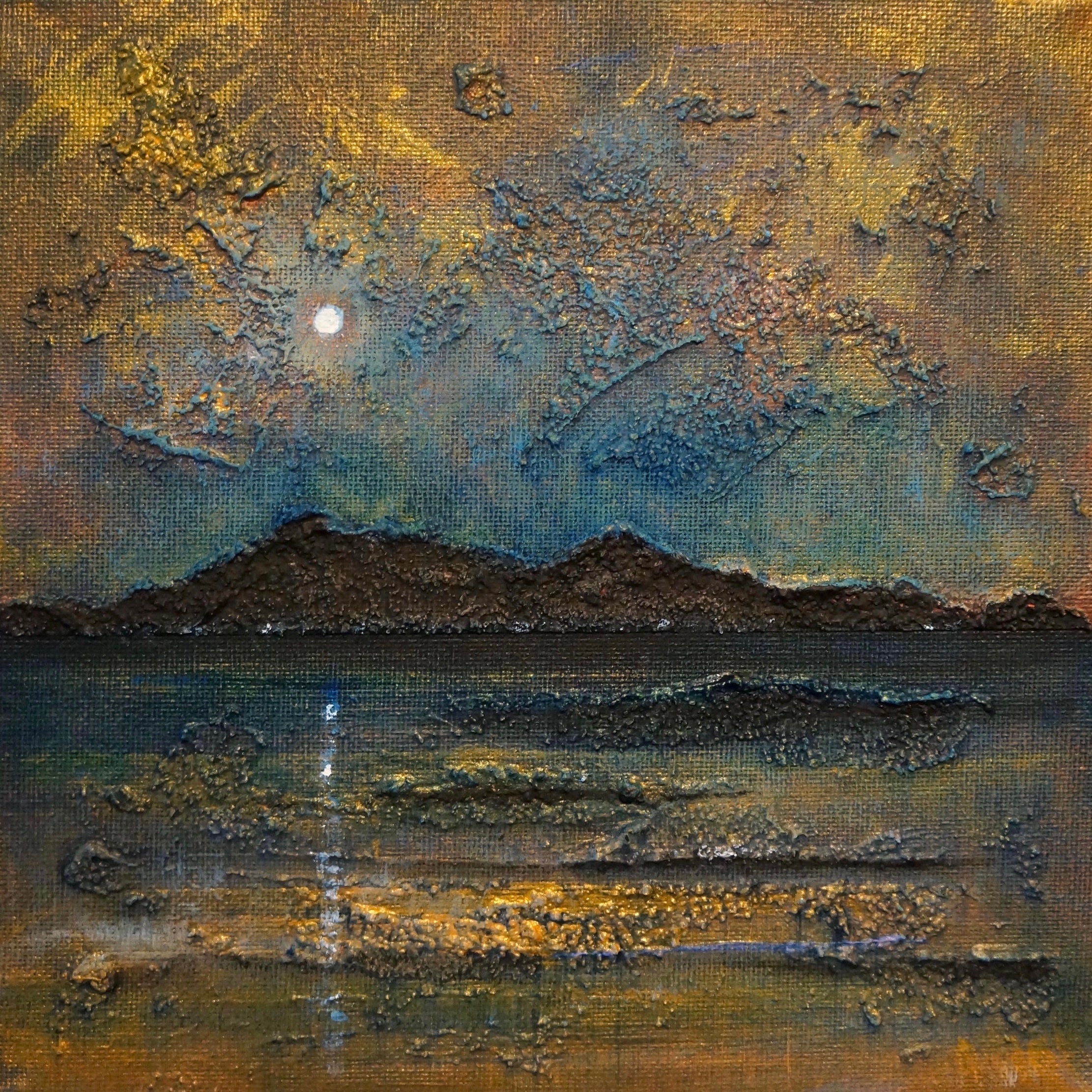Textured landscape painting titled Arran Moonlight Original Painting showcasing moody scenery
