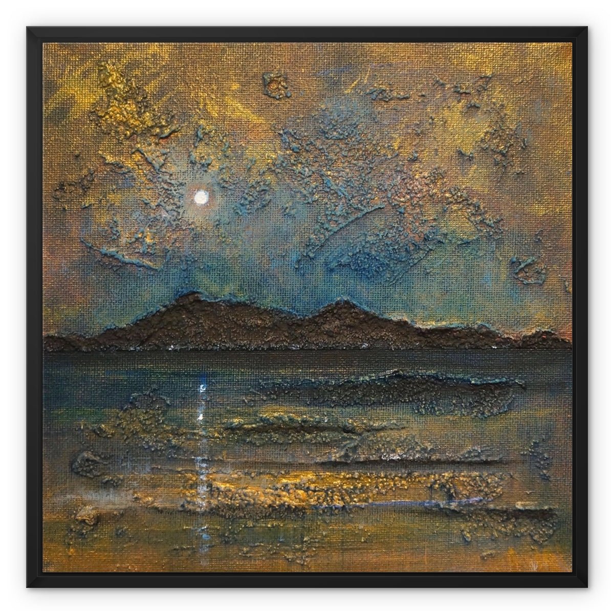 Arran Moonlight Painting | Framed Canvas From Scotland-Floating Framed Canvas Prints-Arran Art Gallery-24"x24"-Black Frame-Paintings, Prints, Homeware, Art Gifts From Scotland By Scottish Artist Kevin Hunter