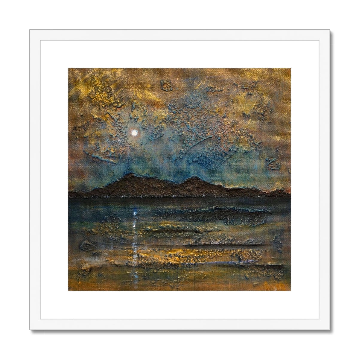 Arran Moonlight Painting | Framed & Mounted Prints From Scotland-Framed & Mounted Prints-Arran Art Gallery-20"x20"-White Frame-Paintings, Prints, Homeware, Art Gifts From Scotland By Scottish Artist Kevin Hunter