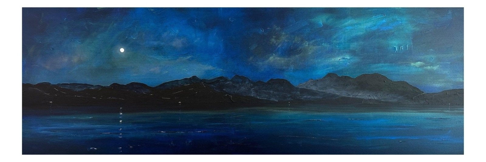 Arran Prussian Twilight Panoramic Print of a night sky over water and mountains