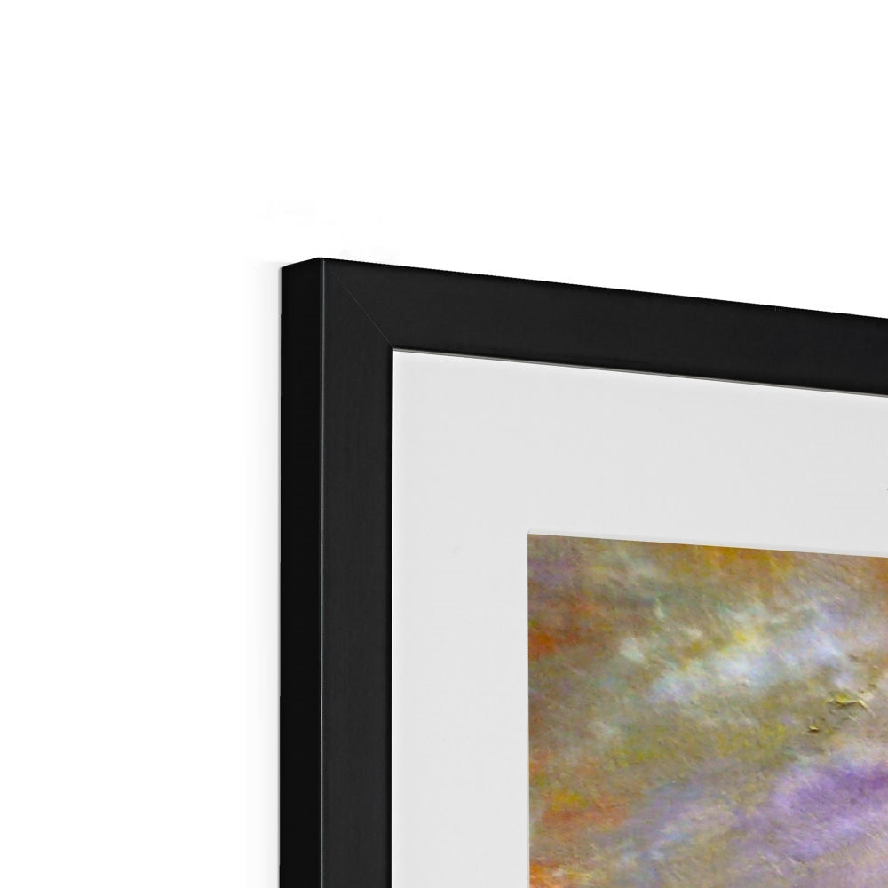 Arran Snow Art Prints: abstract black-framed painting in warm earth tones and purples