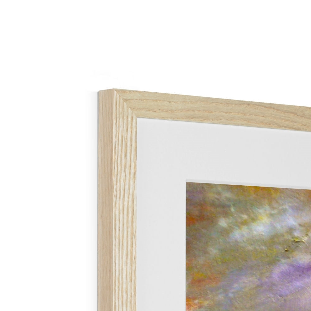 Arran Snow Art Print in light wooden frame with abstract purple-yellow-orange hues
