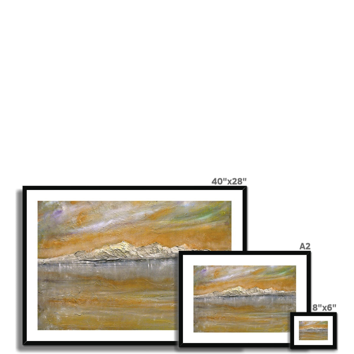 Arran Snow abstract landscape art print in black frame with ochre, green, gray tones