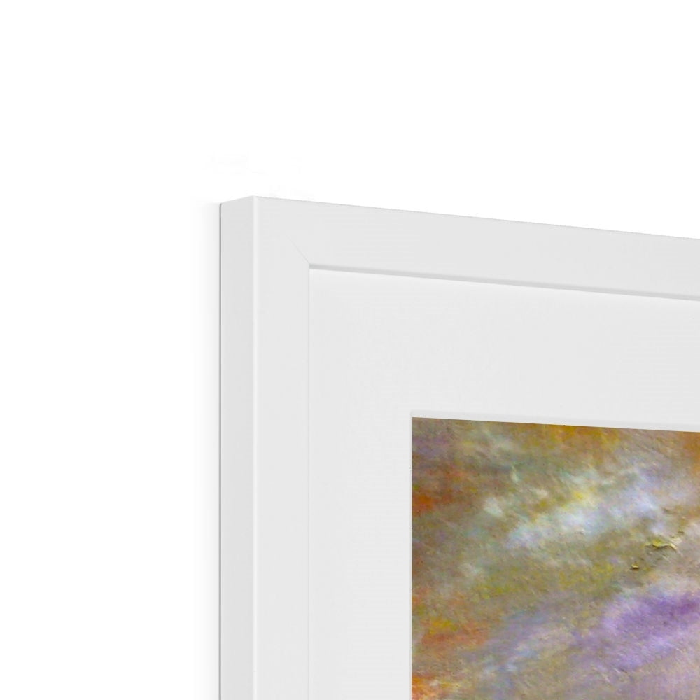 White framed Arran Snow abstract art print with gold, lavender, earth tones