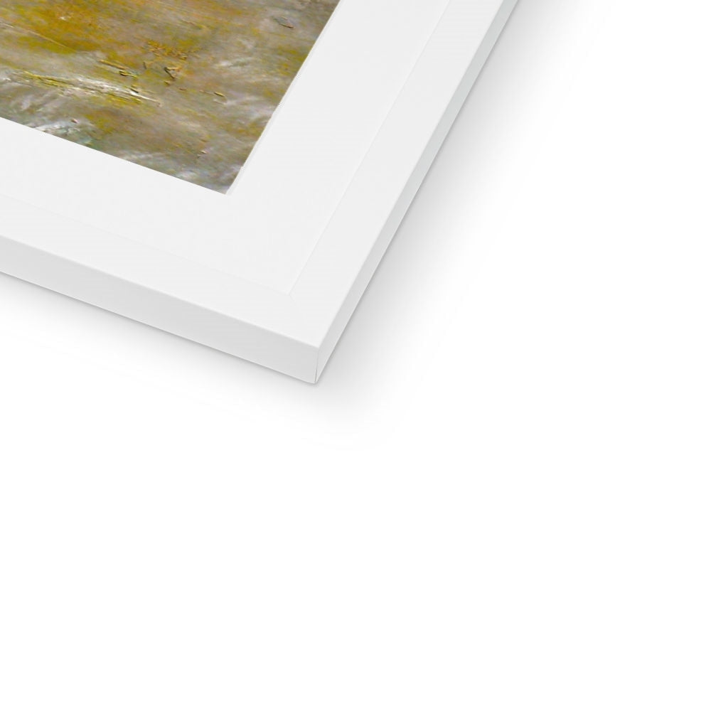 White framed Arran Snow abstract art print in gold beige tones