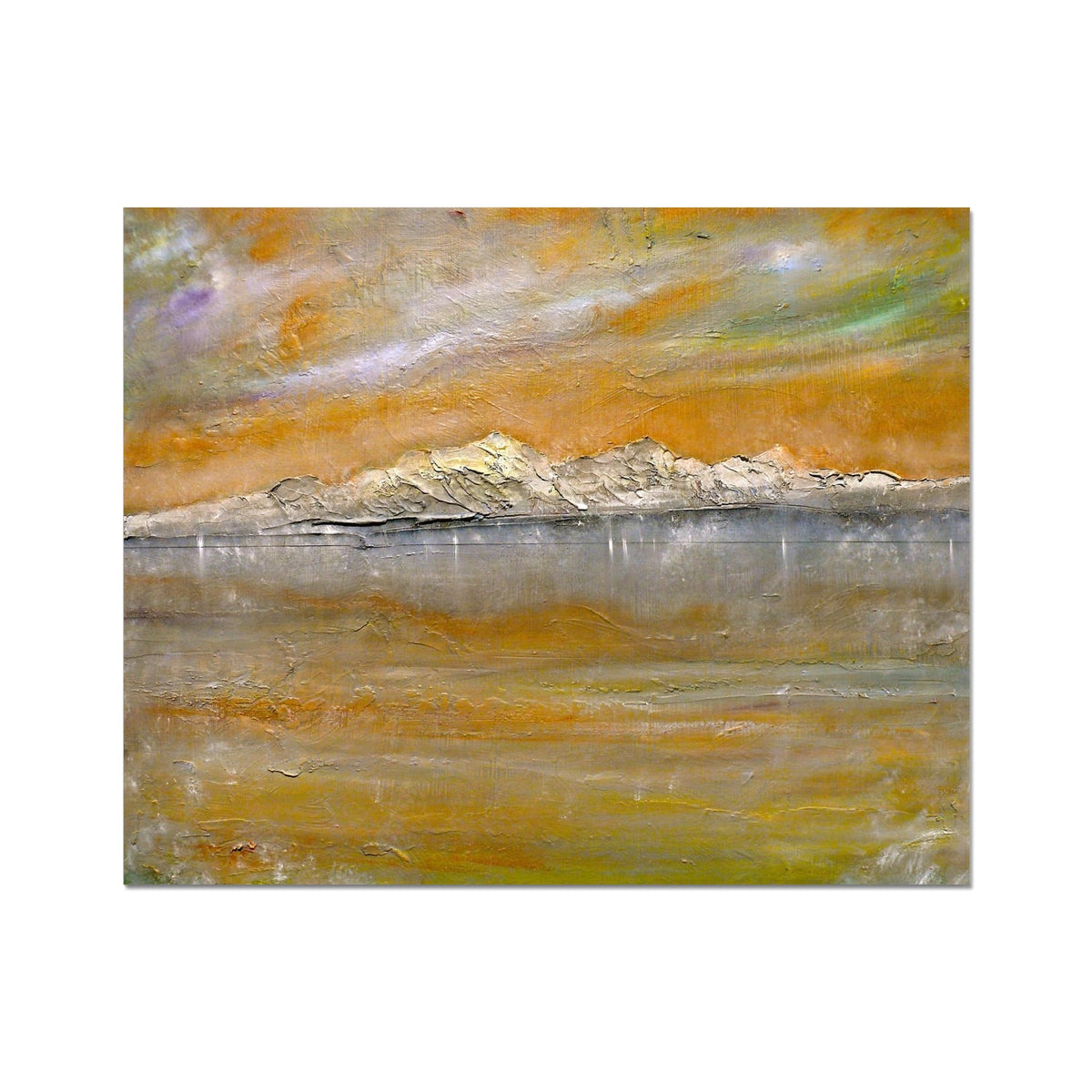 Arran Snow Artist Proof: abstract textured landscape in ochre, gold, silver-gray water, white peaks