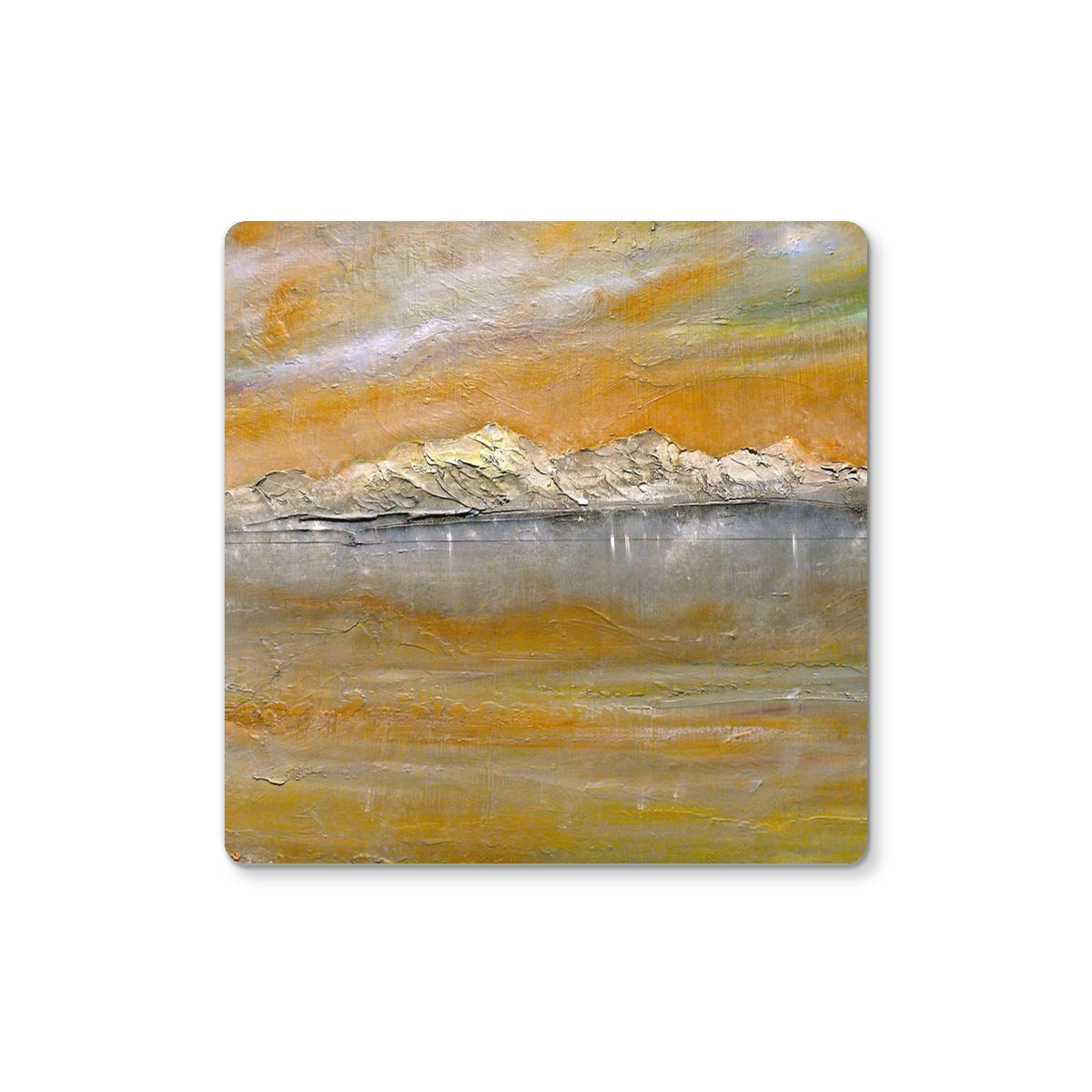 Abstract Arran Snow Coaster painting of textured mountain reflection in ochre and gray