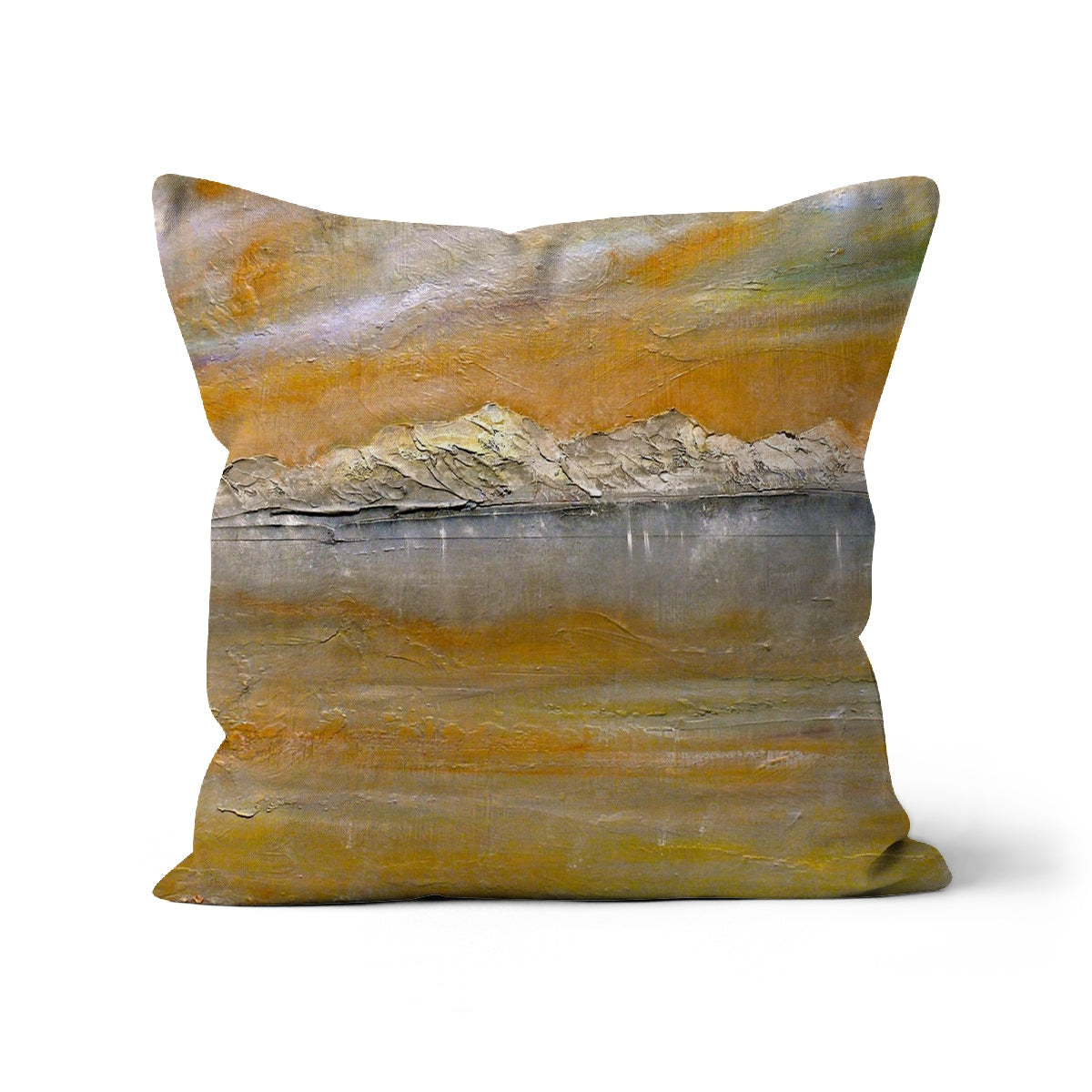 Arran Snow square throw pillow with textured abstract orange-gray landscape