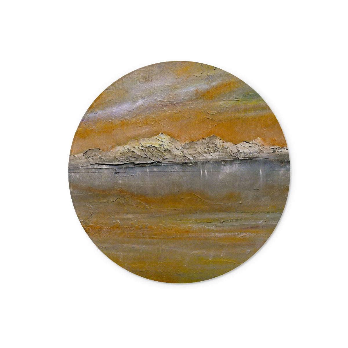 Arran Snow Glass Chopping Board with ochre gray gold abstract landscape