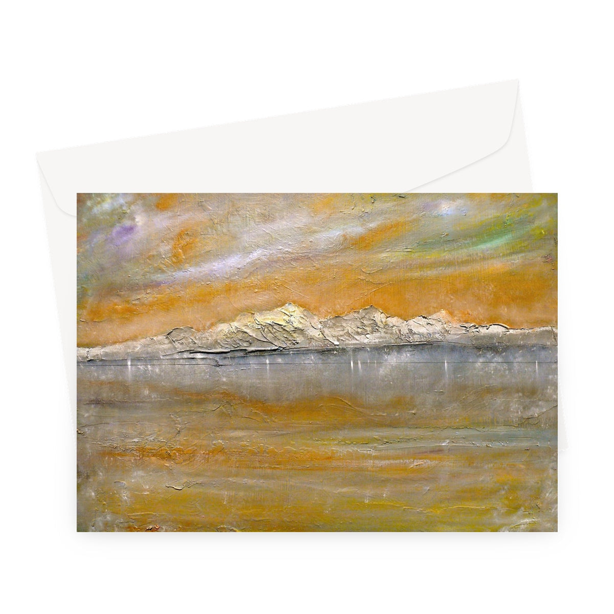 Arran Snow greeting card with textured abstract mountain range under orange gray sky