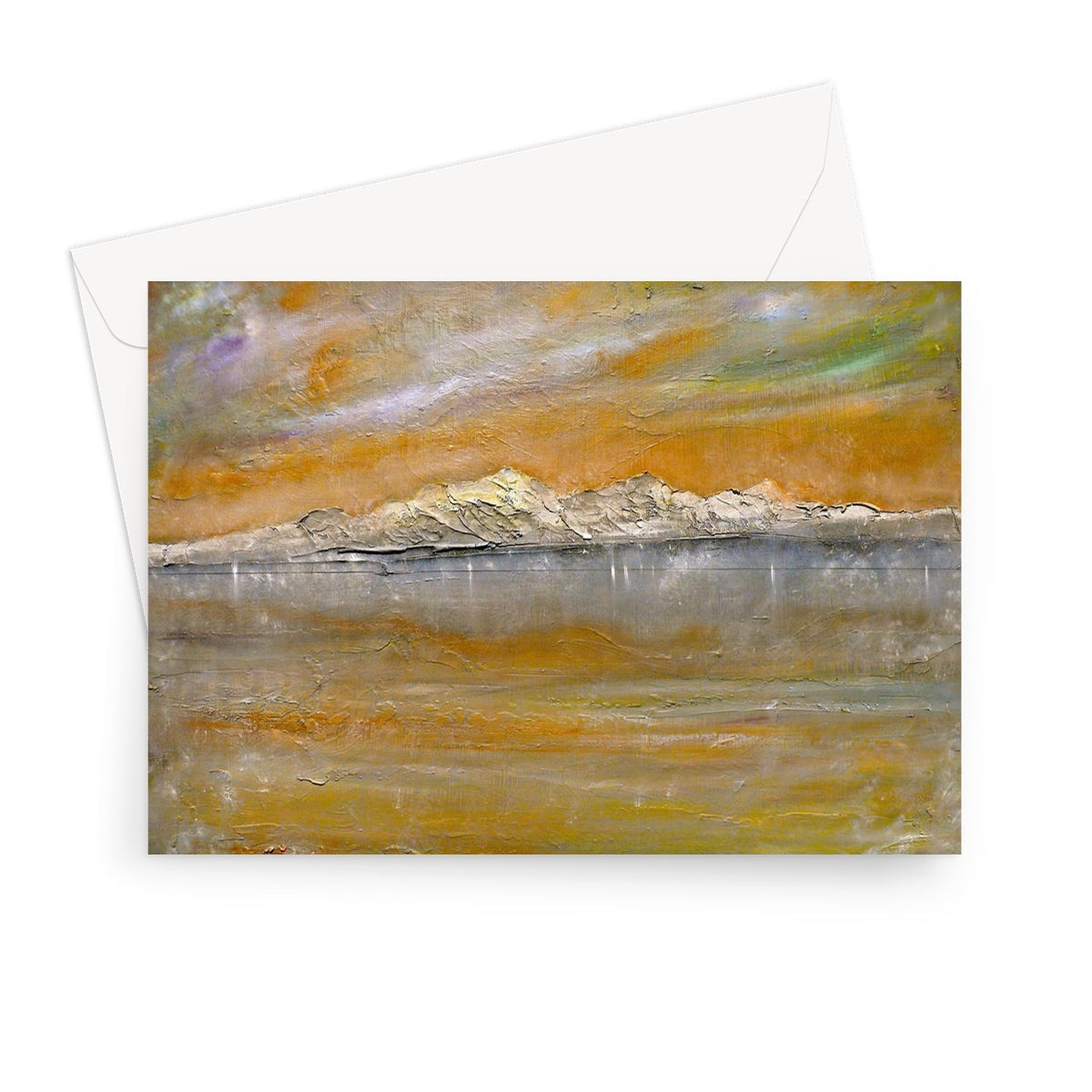 Arran Snow greeting card with textured abstract mountain range under orange gray sky reflected in calm waters