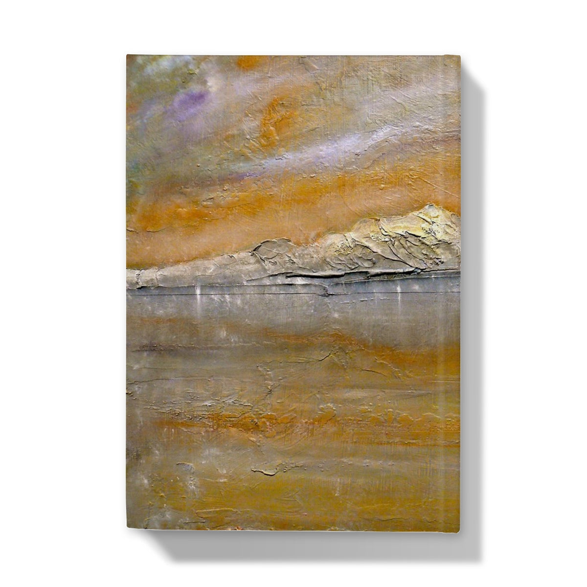 Abstract textured journal cover painting in warm ochre, gold, purple on gray horizon