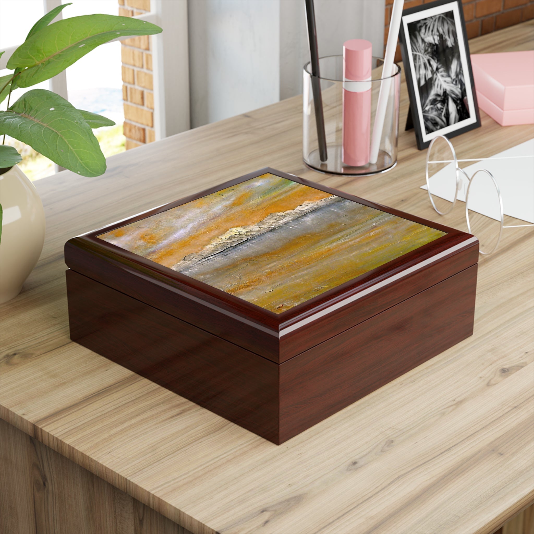 Arran Snow jewelry box with glossy dark brown wood and abstract painted lid