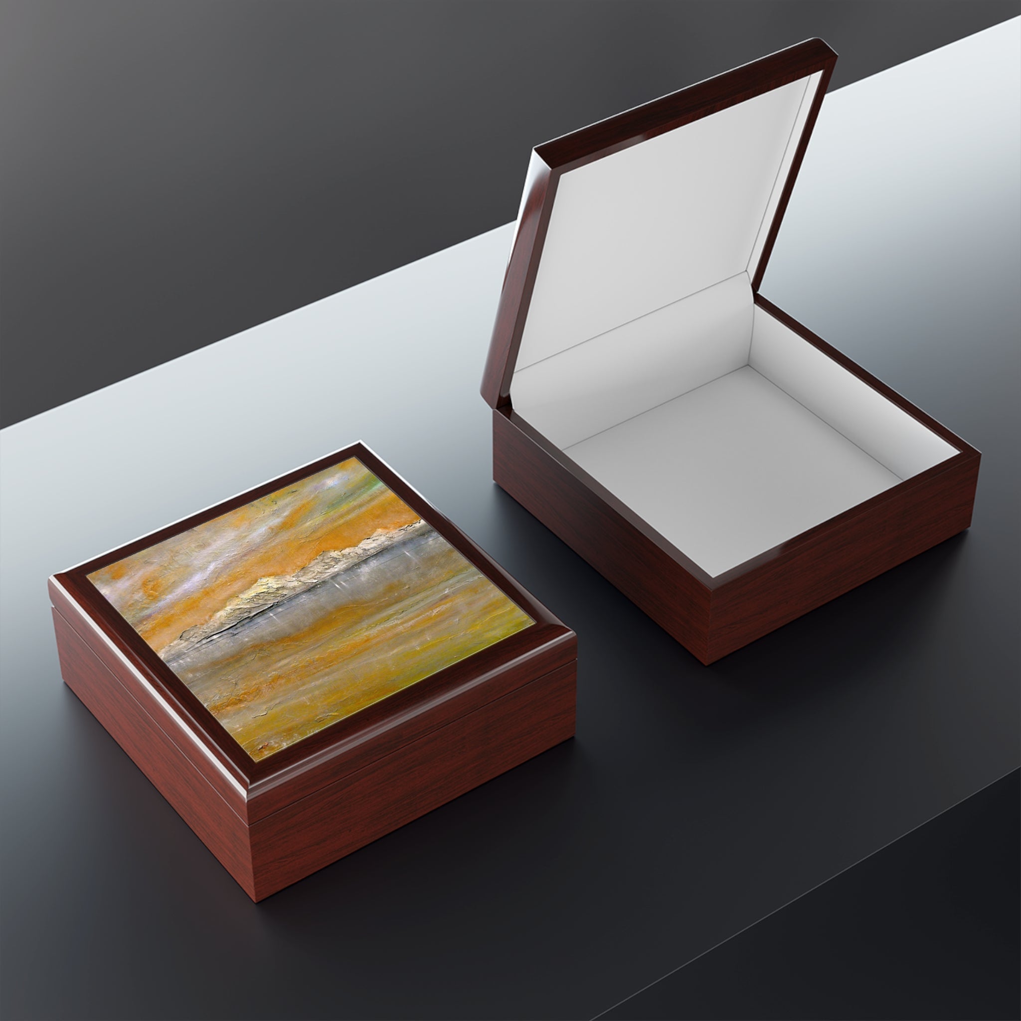 Arran Snow jewelry box: square wood with glossy brown finish and abstract swirling yellow, orange, gray lid
