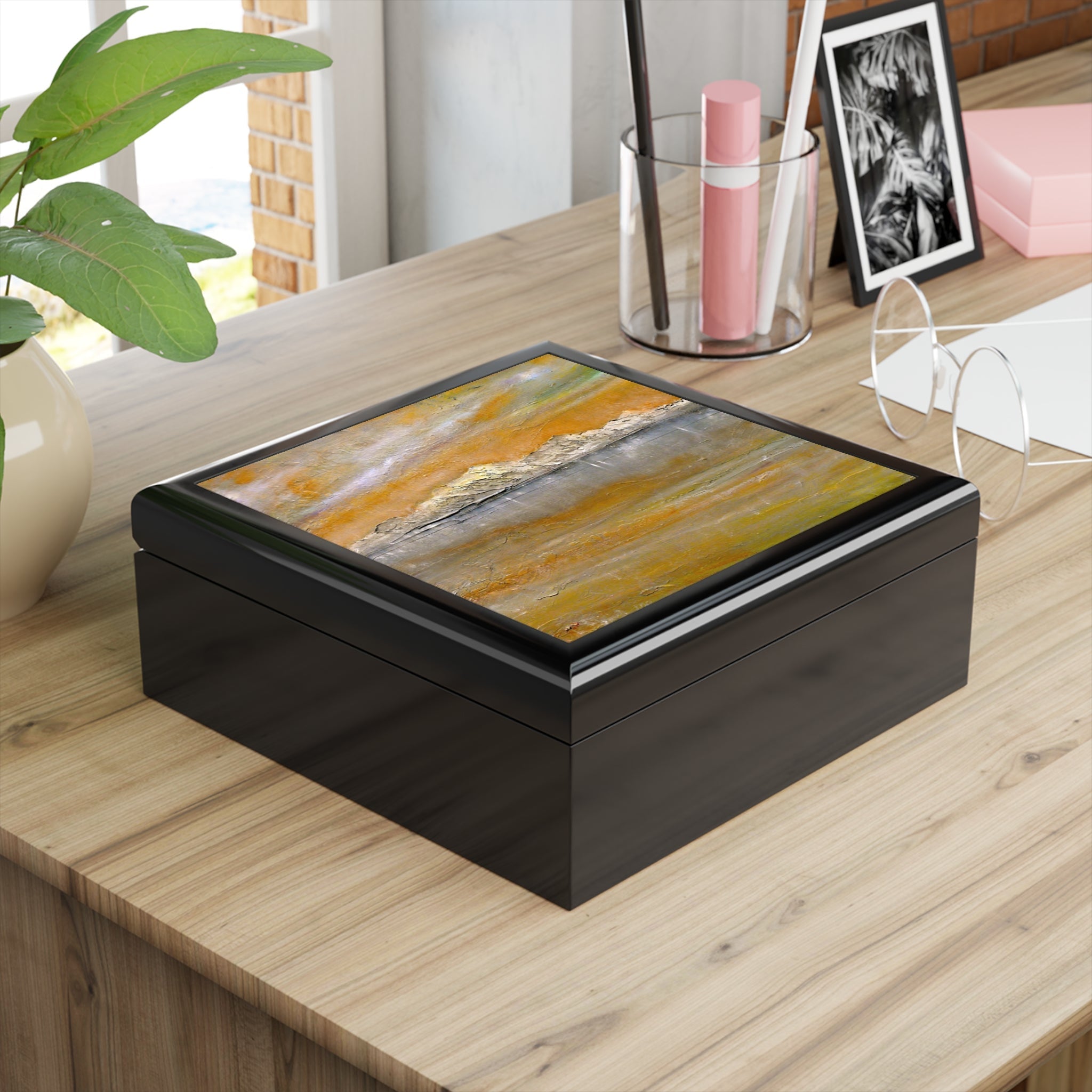 Arran Snow jewelry box with golden orange gray abstract lid painting