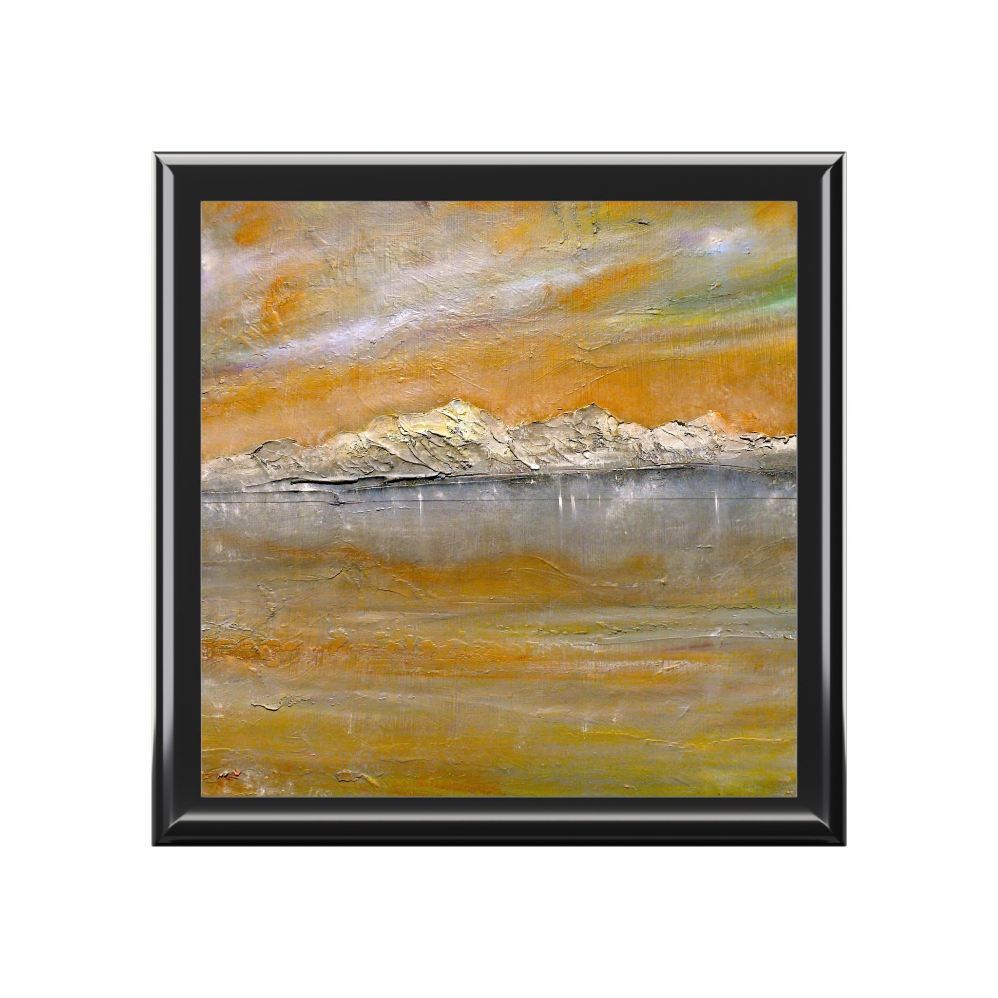 Arran Snow square-framed abstract landscape jewellery box with orange gold gray textures and reflective water