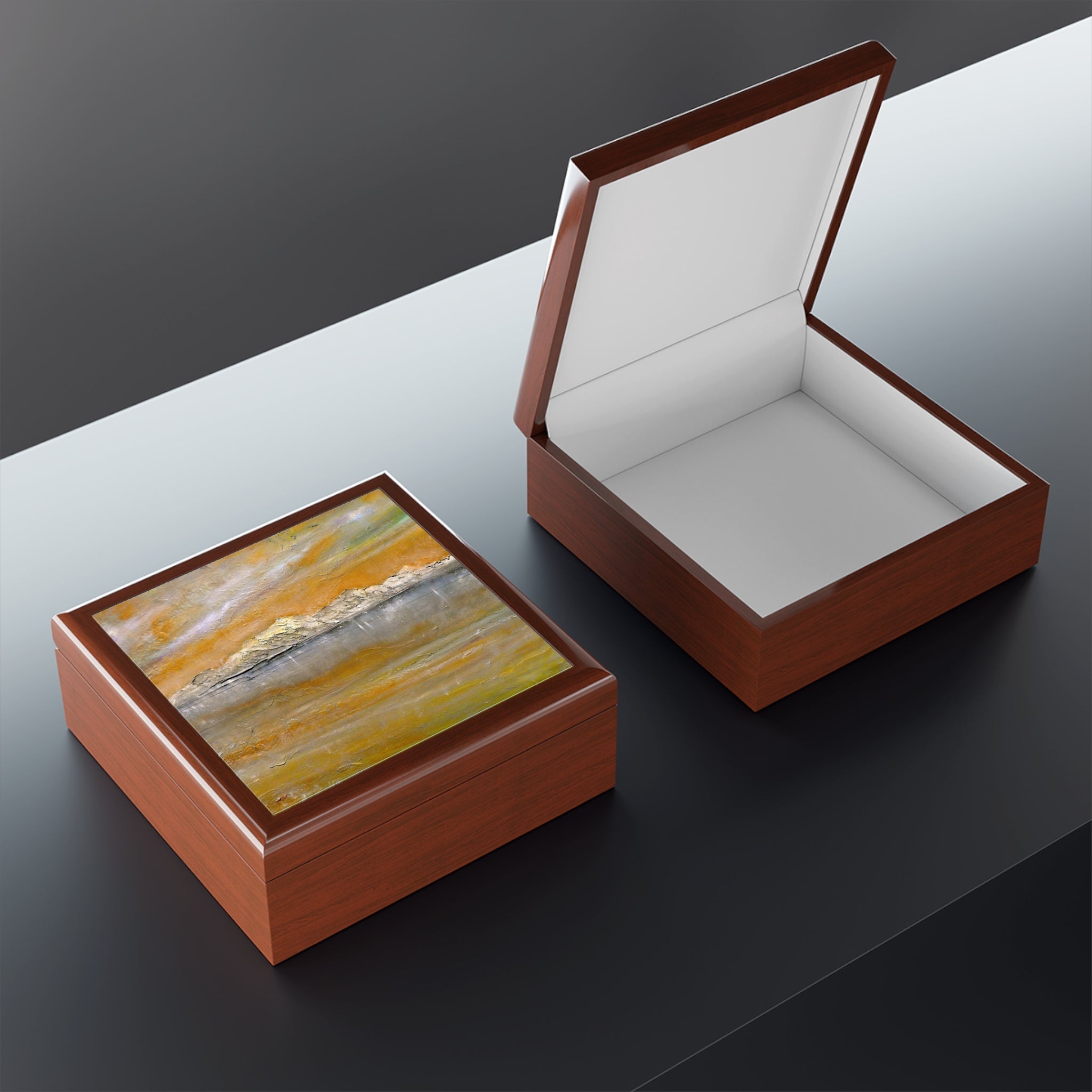 Arran Snow jewellery box with amber gold stone inlay lid