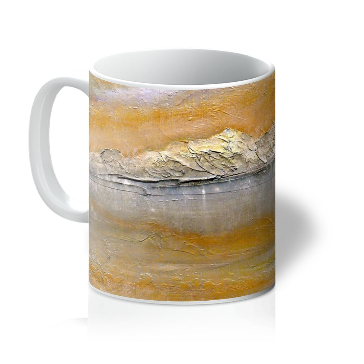 Arran Snow white ceramic mug with textured abstract landscape in gold, beige, silver