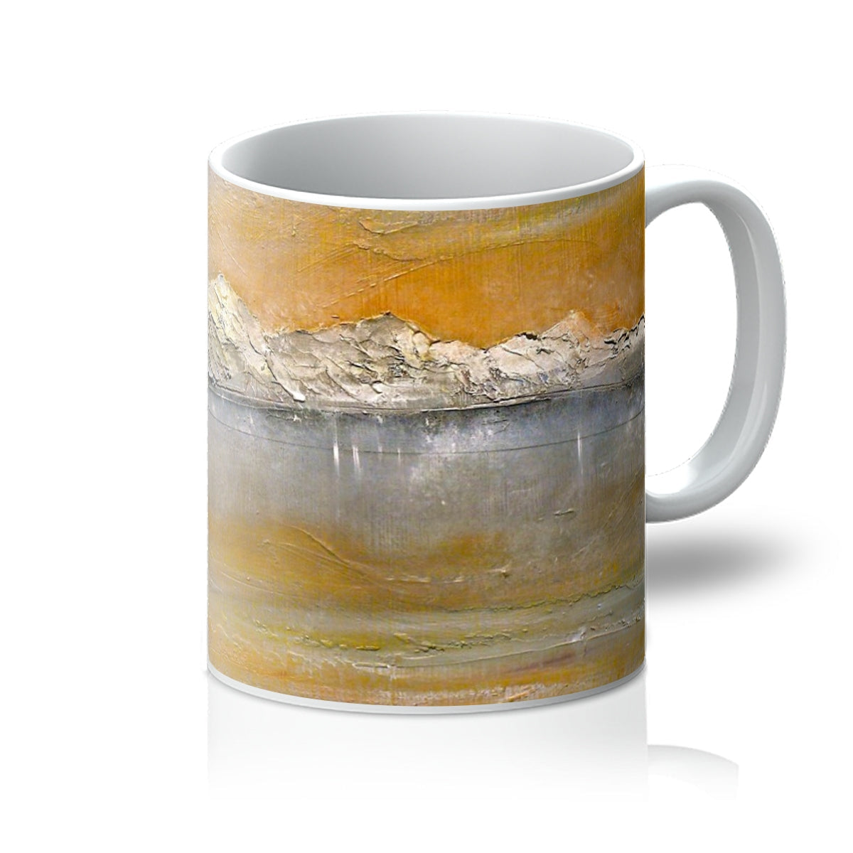 Arran Snow white ceramic mug with textured abstract landscape in orange and gray tones