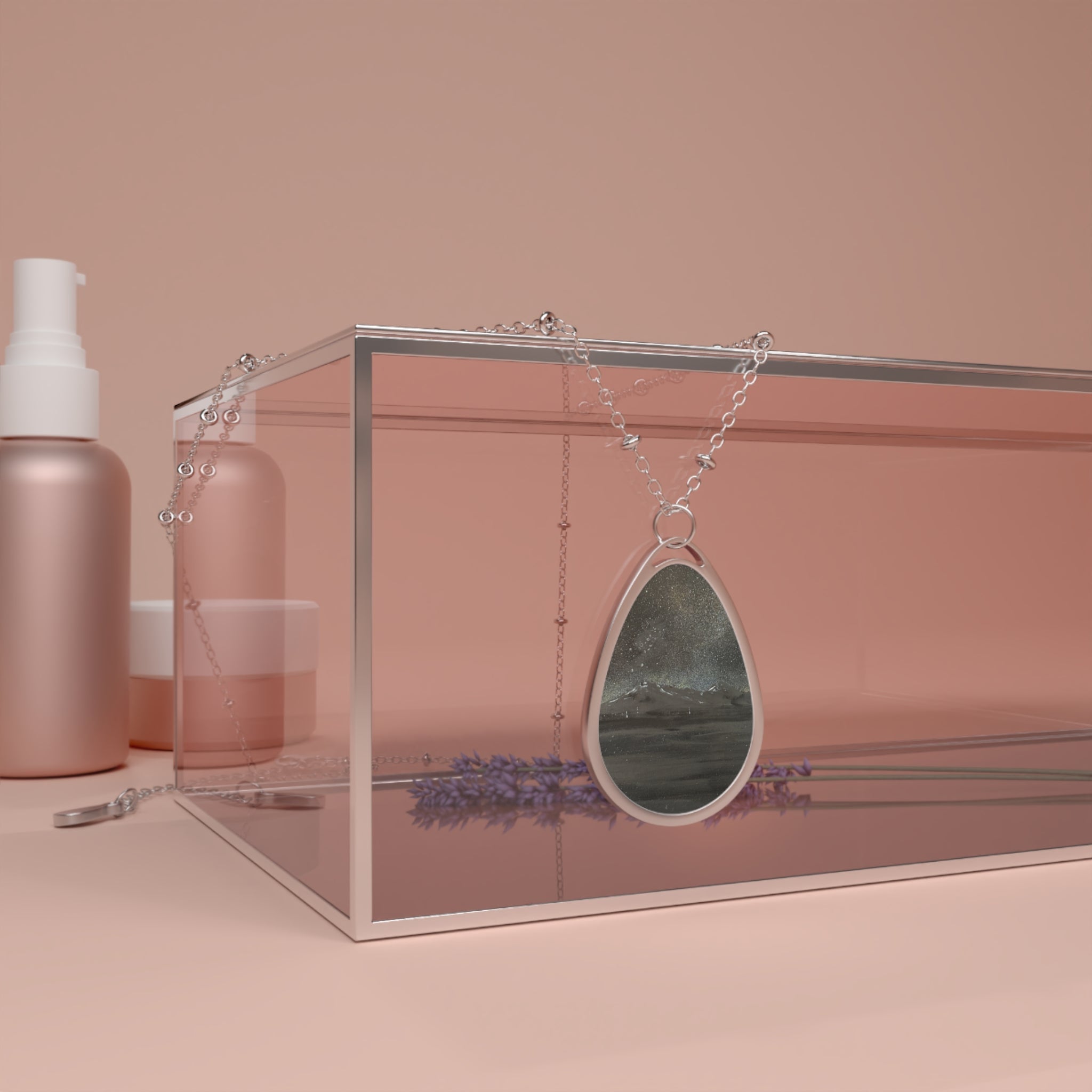 Silver chain necklace with oval grey and white gemstone pendant from Arran Still Starlight Scottish Jewellery