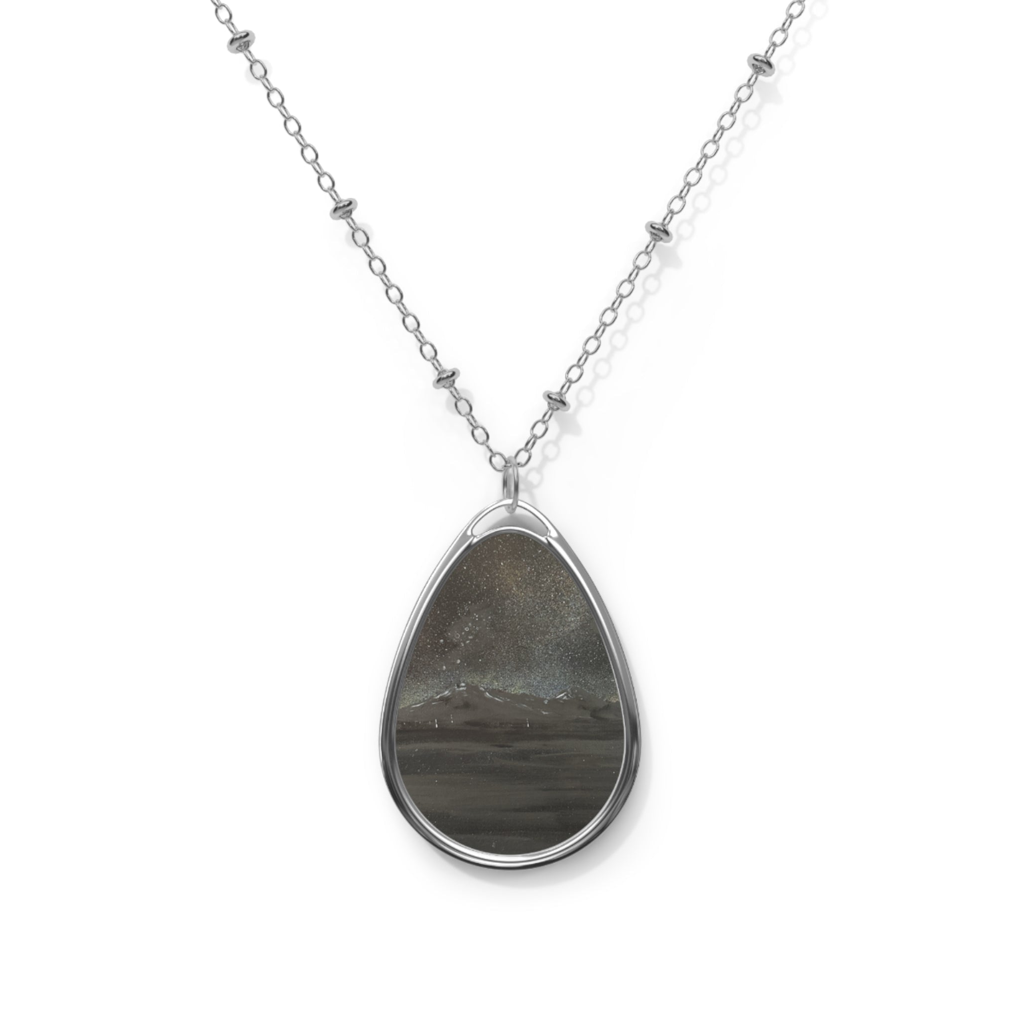 Silver chain necklace with teardrop gray stone pendant from Arran Still Starlight Scottish Jewellery