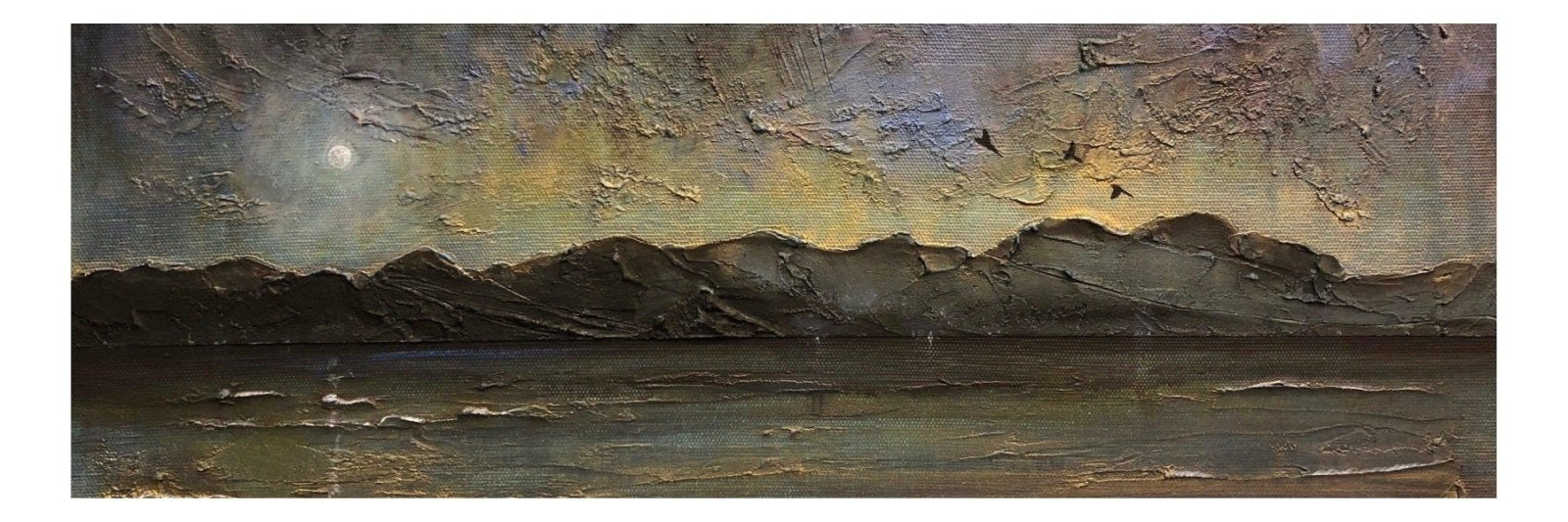 Panoramic oil painting of a dark moonlit landscape with mountains and water for Arran Storm Panoramic Prints